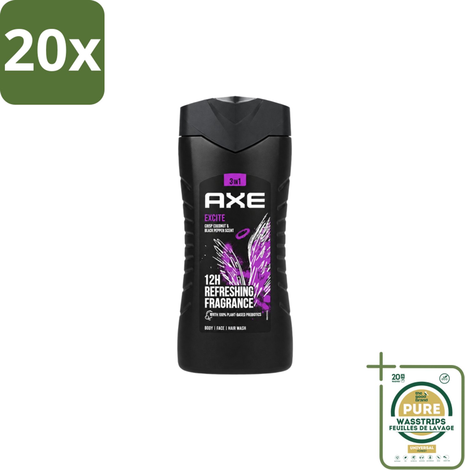 20 x Axe – Douchegel – Excite - 250 ml - Wasstrips - Douchegel - Douchegel Zwarte Peper Kokosnoot - Douchegel Voor Mannen - Douchegel Kruidige Geur - Douchegel Warm En Fris