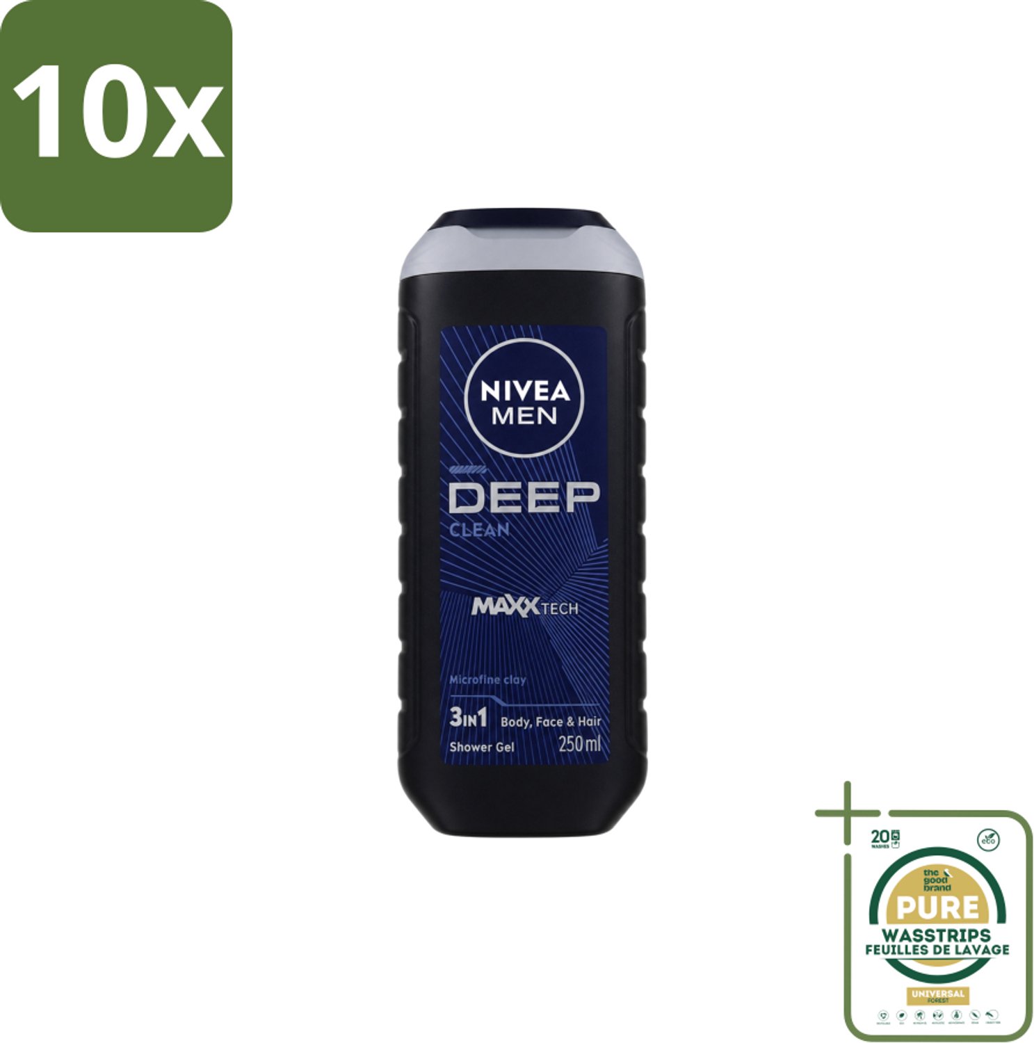 10 x Nivea Men – Douchegel – Deep Clean – 250 ml - Wasstrips - Douchegel - Diepe Reiniging - Microfijne Klei - Huid Reinigen - Haar Reinigen