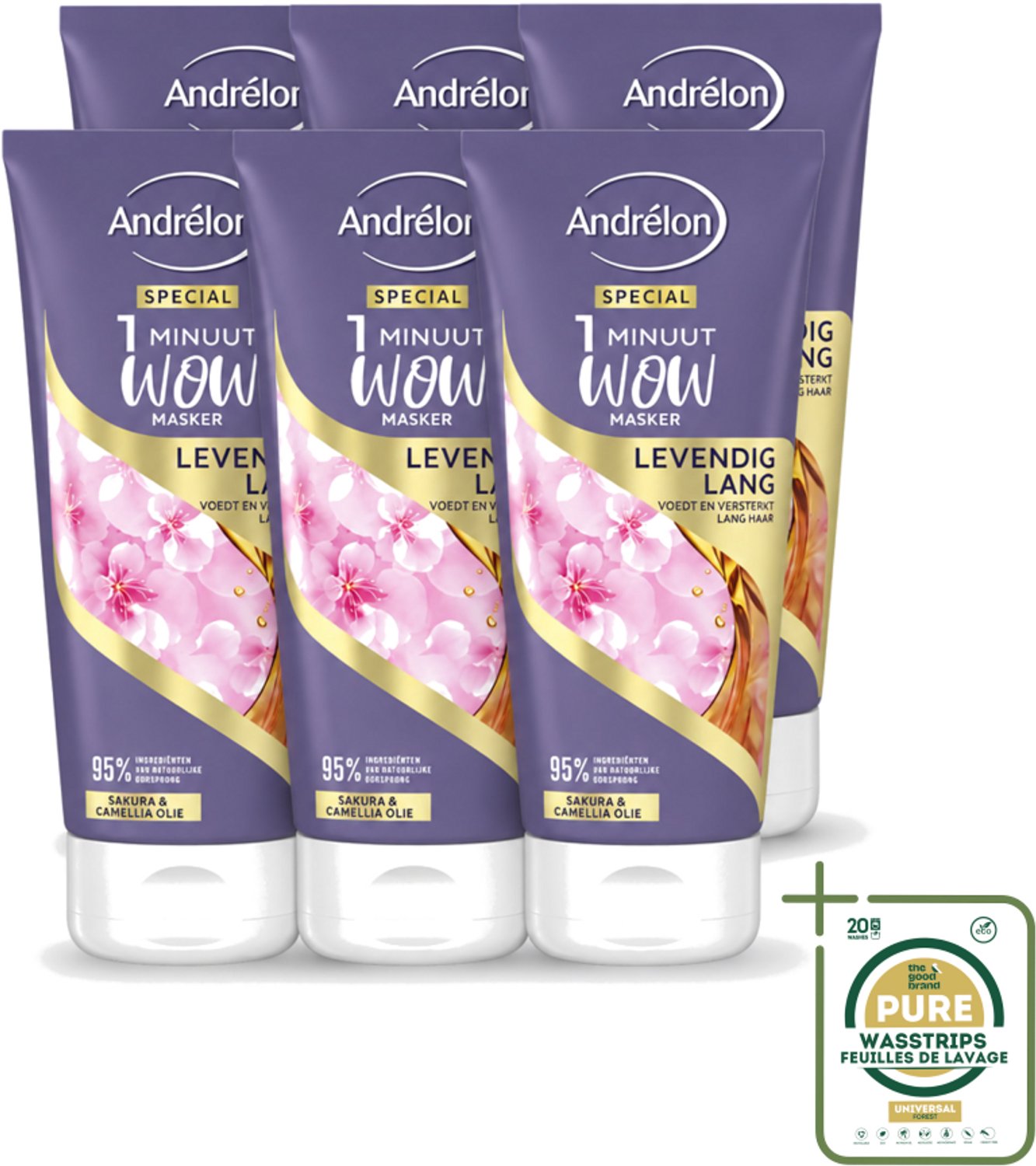 6 x Andrélon - 1 Minuut Wow Haarmasker - Levendig Lang - 180 ml - Wasstrips - 1 Minuut Masker - Haarmasker Lang Haar - Sakura En Camellia-olie - Haarmasker Voor Lang Haar - Haarmasker 1 Minuut