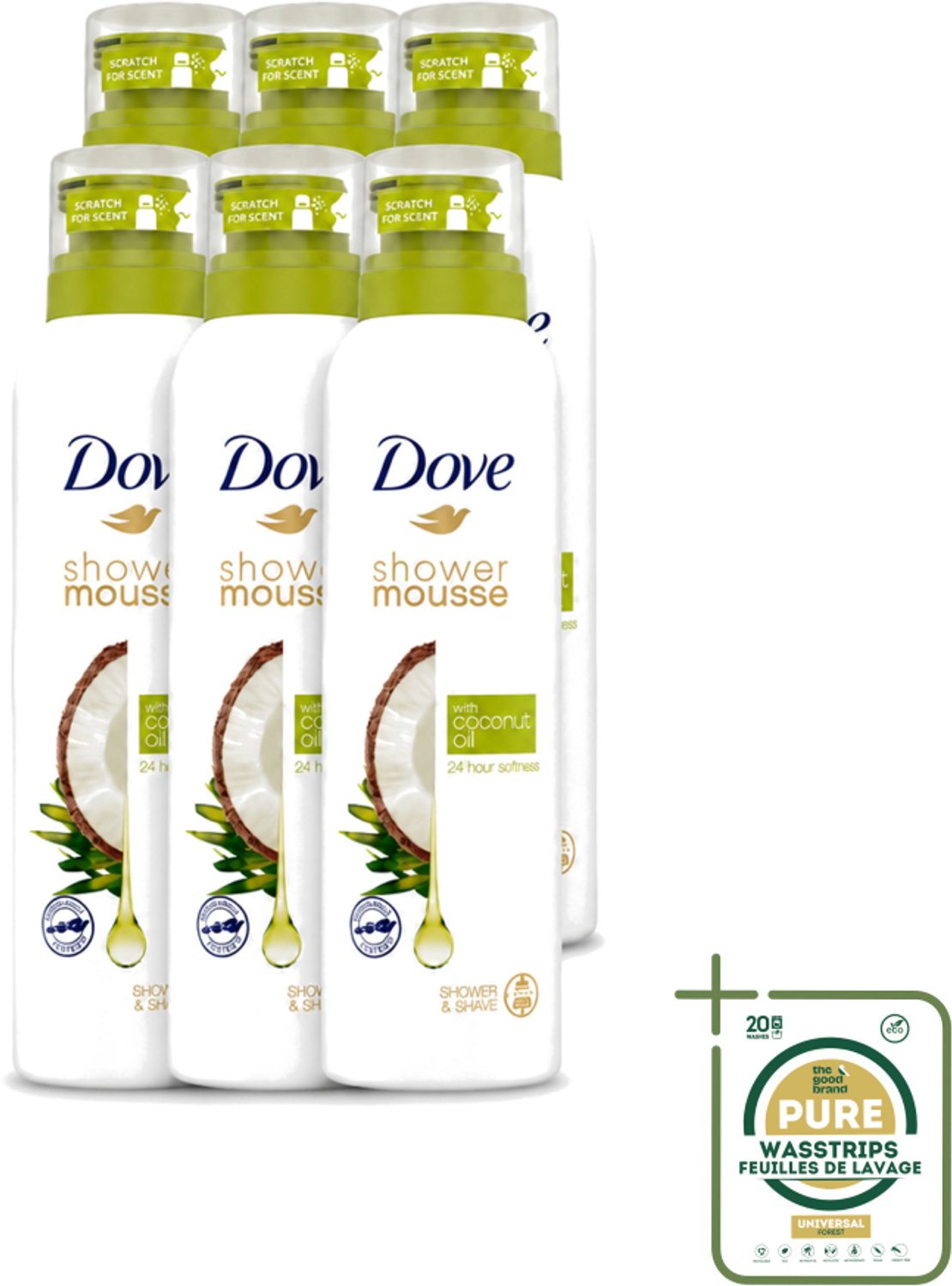 6 x Dove - Douchemousse - Coconut Oil - Voedend en verzorgend - 200 ml - Wasstrips - Douchemousse - Kokosolie - Voedend - Huid Verzorging - Scheren