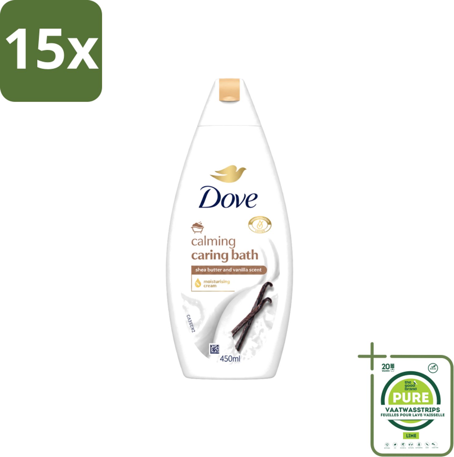 15 x Dove – Badcrème – Sheaboter & Vanille – 450 ml - Grootverpakking - Vaatwasstrips - Badcrème - Sheaboter - Vanille - Huid Verzorging - Vochtigheid