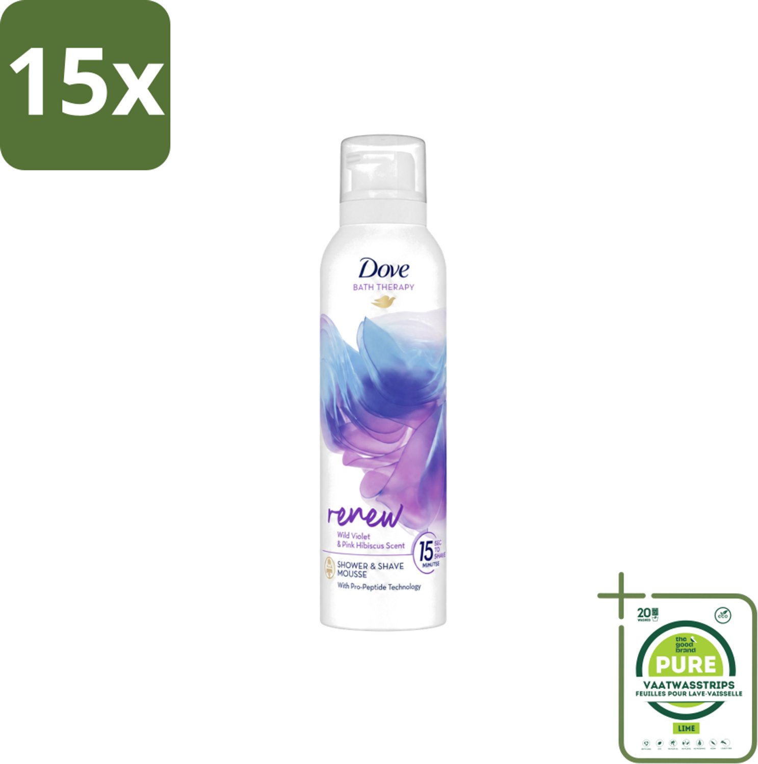 15 x Dove – Douche- & Scheerschuim – Bath Therapy Renew – 200 ml - Grootverpakking - Vaatwasstrips - Douche En Scheerschuim - Huidvernieuwing - Pro-peptide - Hydratatie - Luxe Douche