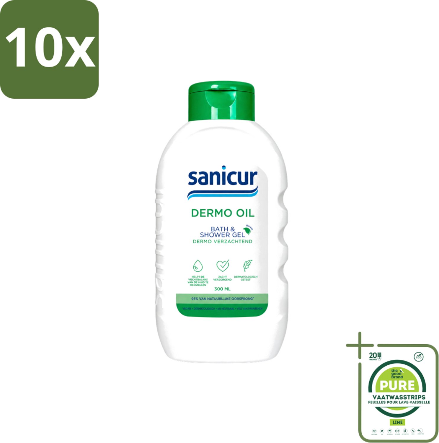 10 x Sanicur – Bad & Douchegel – Dermo-Oil – 300 ml - Grootverpakking - Vaatwasstrips - Bad En Douchegel - Droge Huid - Gevoelige Huid - Voedende Badgels - Huidbarrière
