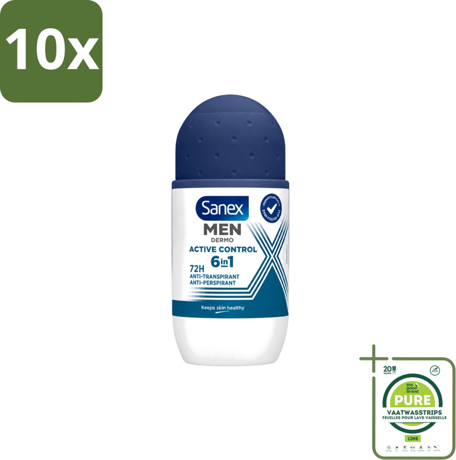 10 x Sanex Men – Deo Roll-on – Active Control – 53 ml - Grootverpakking - Vaatwasstrips - Deodorant Voor Mannen - Zweetbehandeling - Okselbescherming - Huidcomfort - Anti-irritatie
