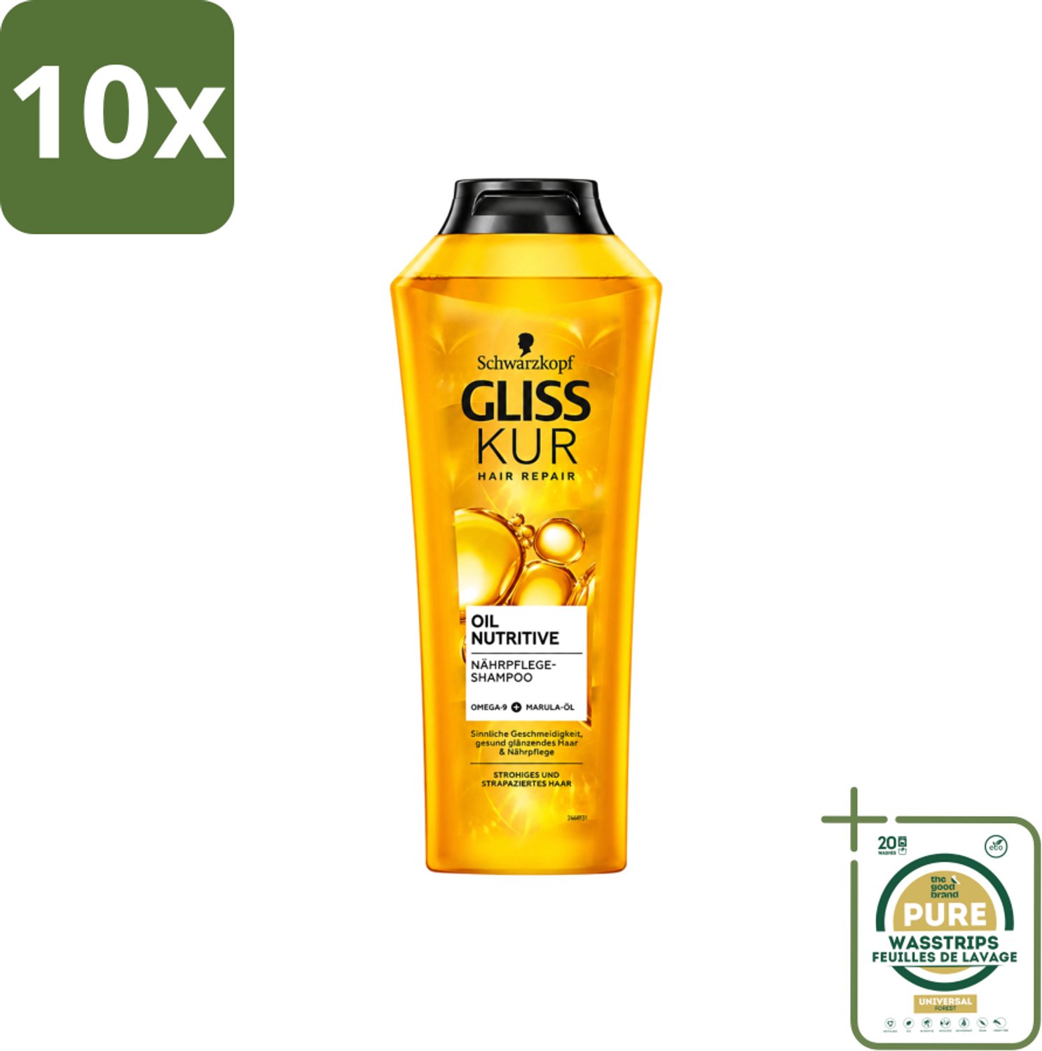 10 x Gliss-Kur - Shampoo - Oil Nutritive - Voedende Shampoo - Voor Stroef & Gespannen Haar - 400 ml - Wasstrips - Stroef Haar - Gespannen Haar - Voedend Shampoo - Hydraterend Shampoo - Abrikozenpitolie