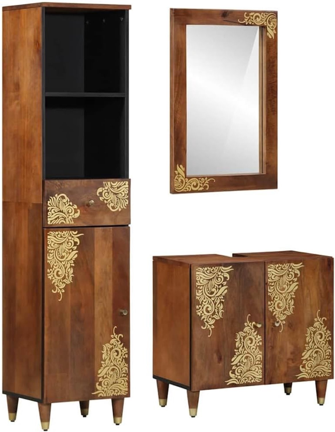 Badkamerkastset met deur 3-delig in honingbruin van massief hout mango met rustieke look en gouden zeefdrukdesign voor optimale opbergruimte en elegant gebruik van de ruimte