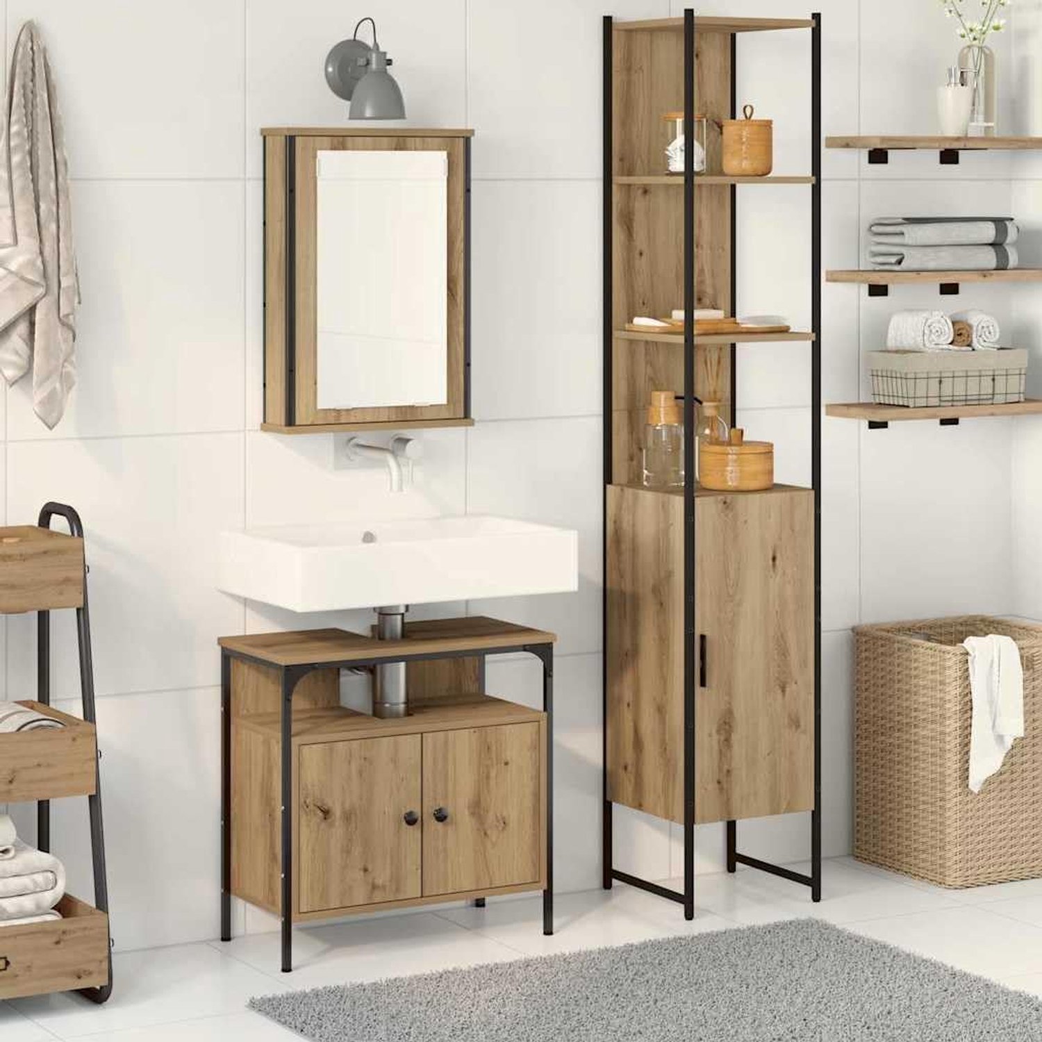Badkamermeubelset met plank, 3 stuks, Artisan-eikenhout, wandmontage, spiegelkast, wastafelonderkast, hoge badkamerkast, opbergruimte, modern, minimalistisch, rechthoekig