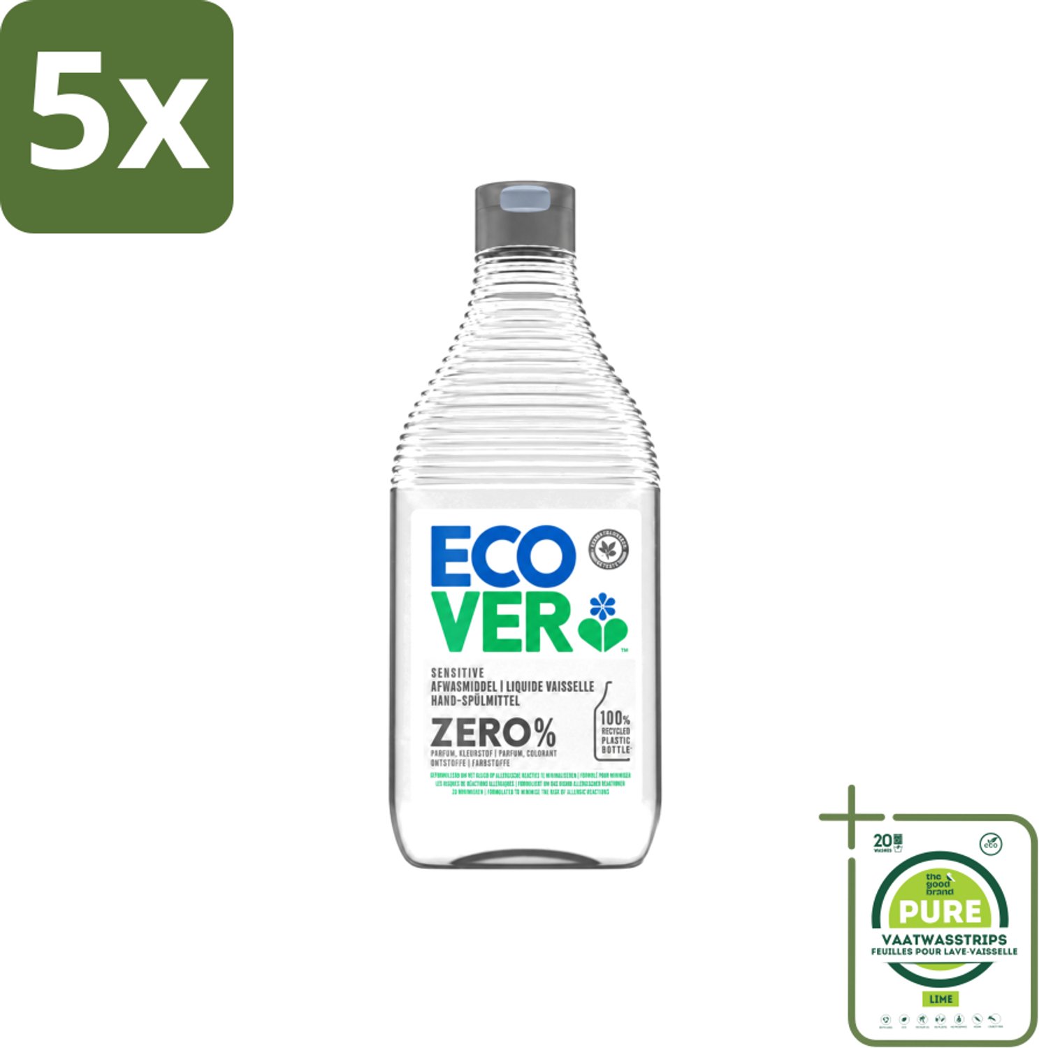 5 x Ecover - Afwasmiddel ZERO - Parfumvrij - 450 ml - Grootverpakking - Vaatwasstrips - Afwasmiddel Zonder Geur - Hypoallergeen Afwasmiddel - Plantaardig Afwasmiddel - Afwasmiddel Voor Gevoelige Huid - Eczeem Afwasmiddel