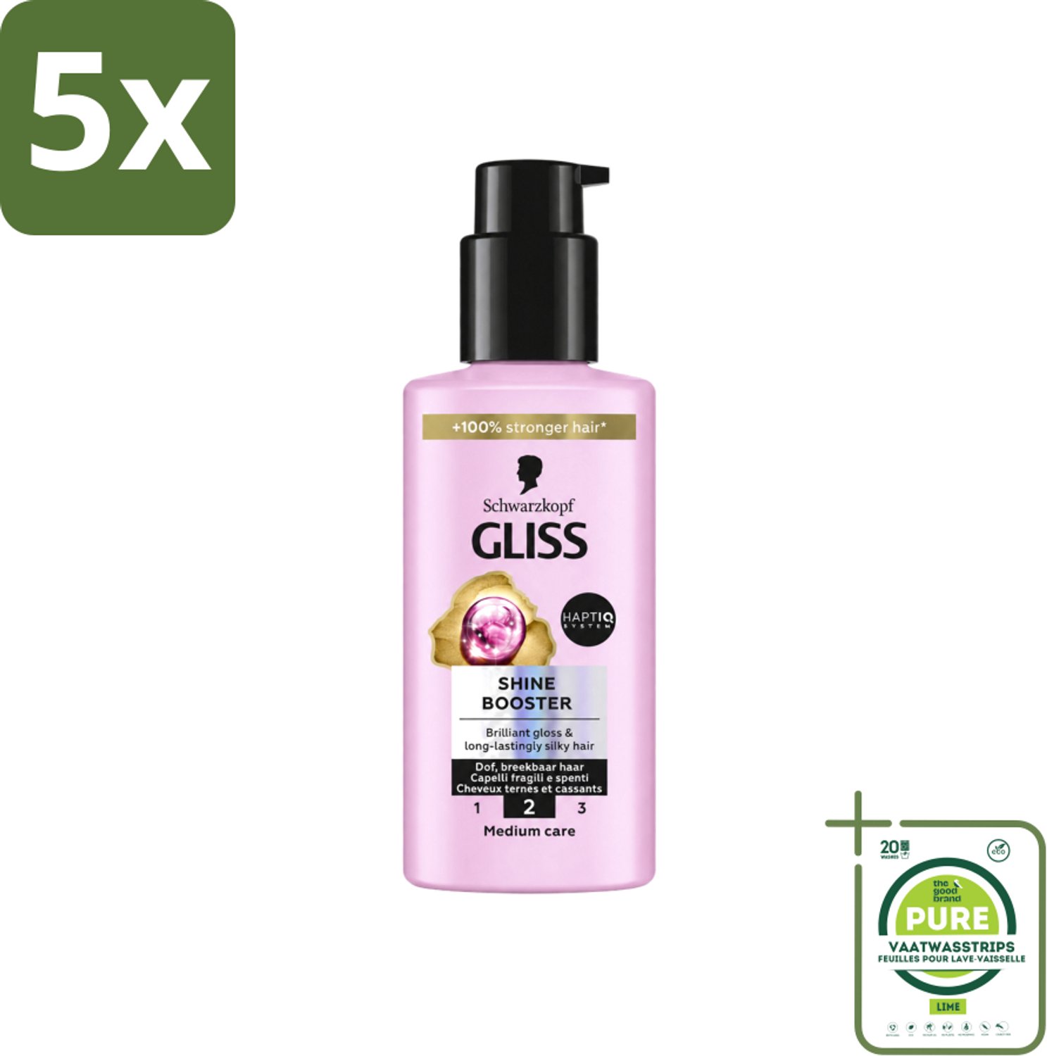 5 x Gliss - Haarserum - Liquid Silk Shine Booster - Fruitige Geur - 100 ml - Grootverpakking - Vaatwasstrips - Haarverzorging - Glans - Haarherstel - Zijdezacht Haar - Haarbescherming
