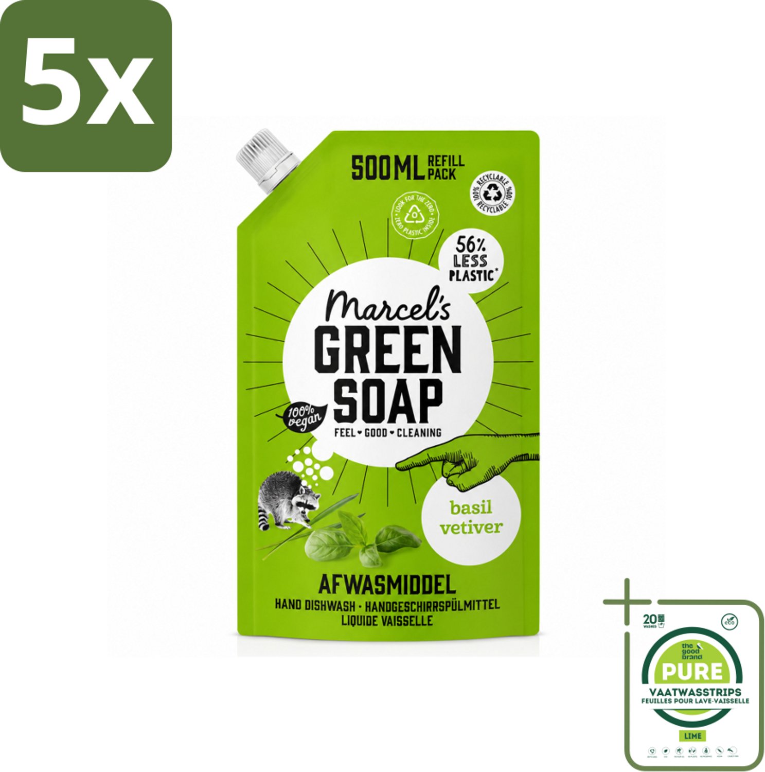 5 x Marcel's Green Soap - Navulling - Afwasmiddel - Basilicum & Vetiver Gras - Plantaardig & duurzaam - 500 ml - Grootverpakking - Vaatwasstrips - Afwasmiddel - Navulverpakking - Basilicum - Vetiver - Plantaardig