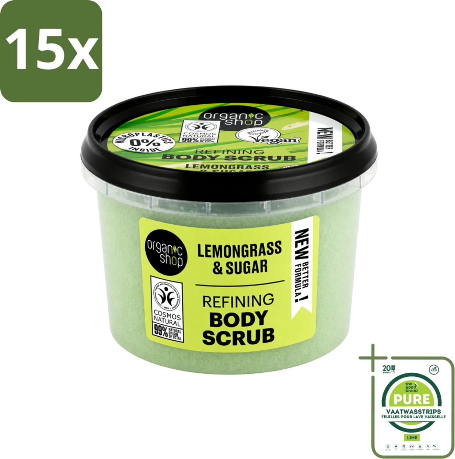15 x Organic Shop - Body Scrub Lemongrass - Verfrissend en Verzorgend - 250 ml - Grootverpakking - Vaatwasstrips - Bodyscrub - Exfoliatie - Huidverzorging - Citroengrasolie - Suiker Scrub