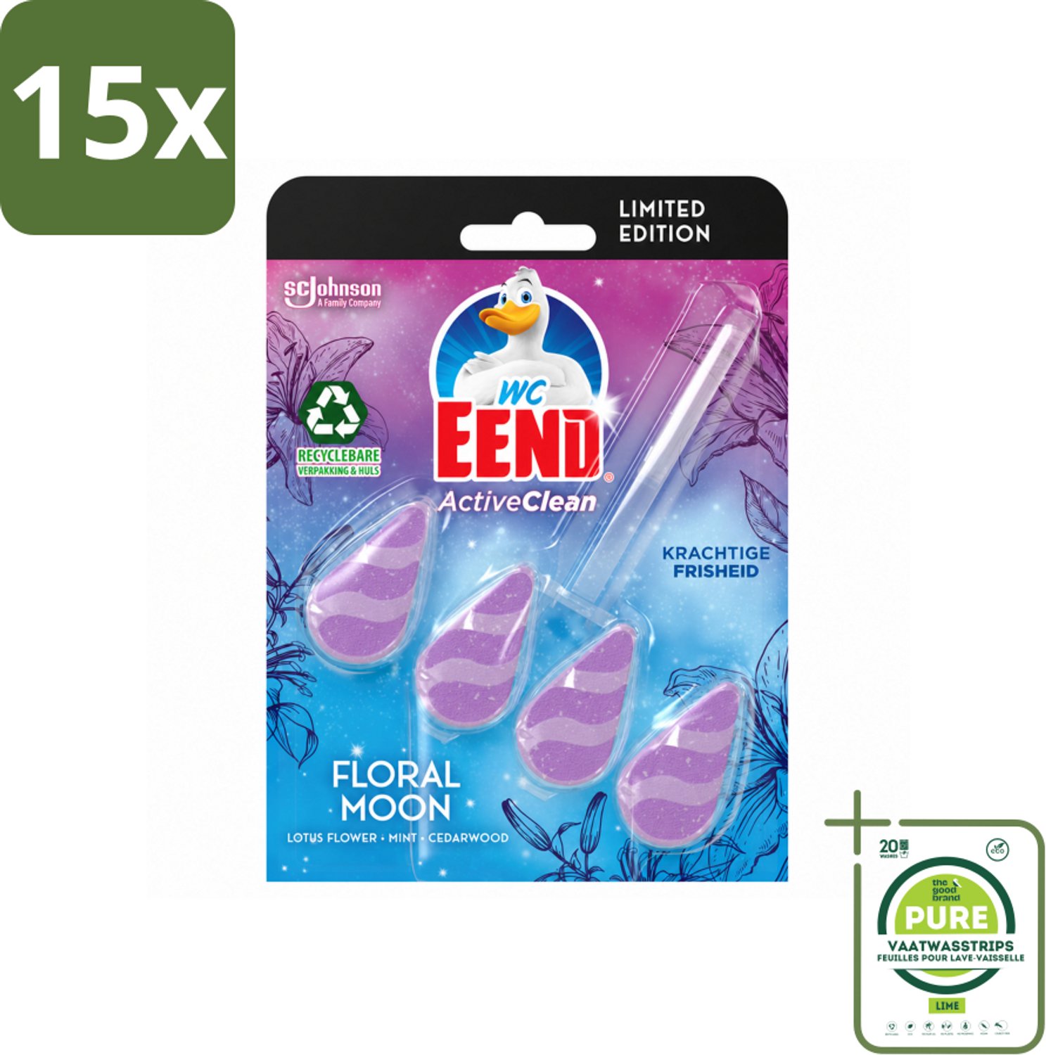 15 x WC Eend - Active Clean Floral Moon - Toiletblok - Lotus, Munt & Cederhout Geur - 38 gr - Grootverpakking - Vaatwasstrips - Toiletblok - Geur - Reiniging - Actieve Reiniging - Toilet