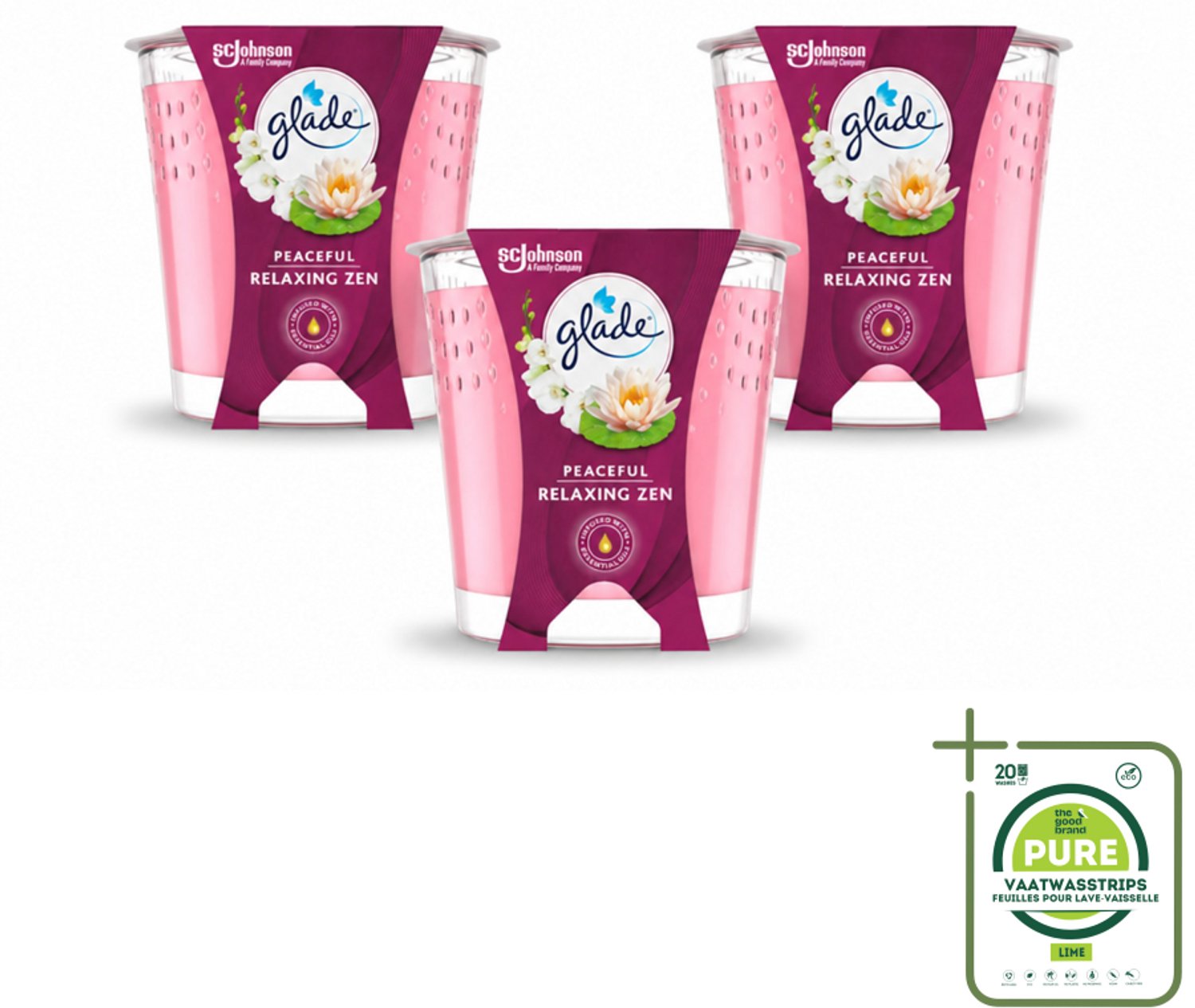 Glade 3 x Glade - Geurkaars Relaxing Zen - 100% Raapzaadwas - 112 g - Grootverpakking - Vaatwasstrips - Geurkaars Rust - Geurkaars Ontspanning - Geurkaars Zen - Geurkaars Natuurlijk - Geurkaars Vegan lichtblauw