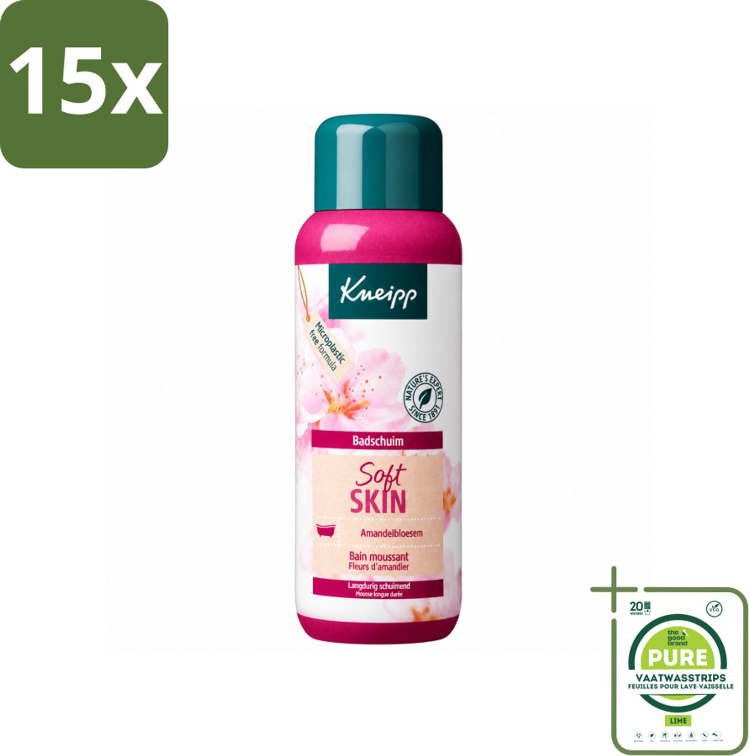 15 x Kneipp - Badschuim - Amandelbloesem - Voor droge en gevoelige huid - 400 ml - Grootverpakking - Vaatwasstrips - Badshuid - Droge Huid - Gevoelige Huid - Amandelolie - Badschuim