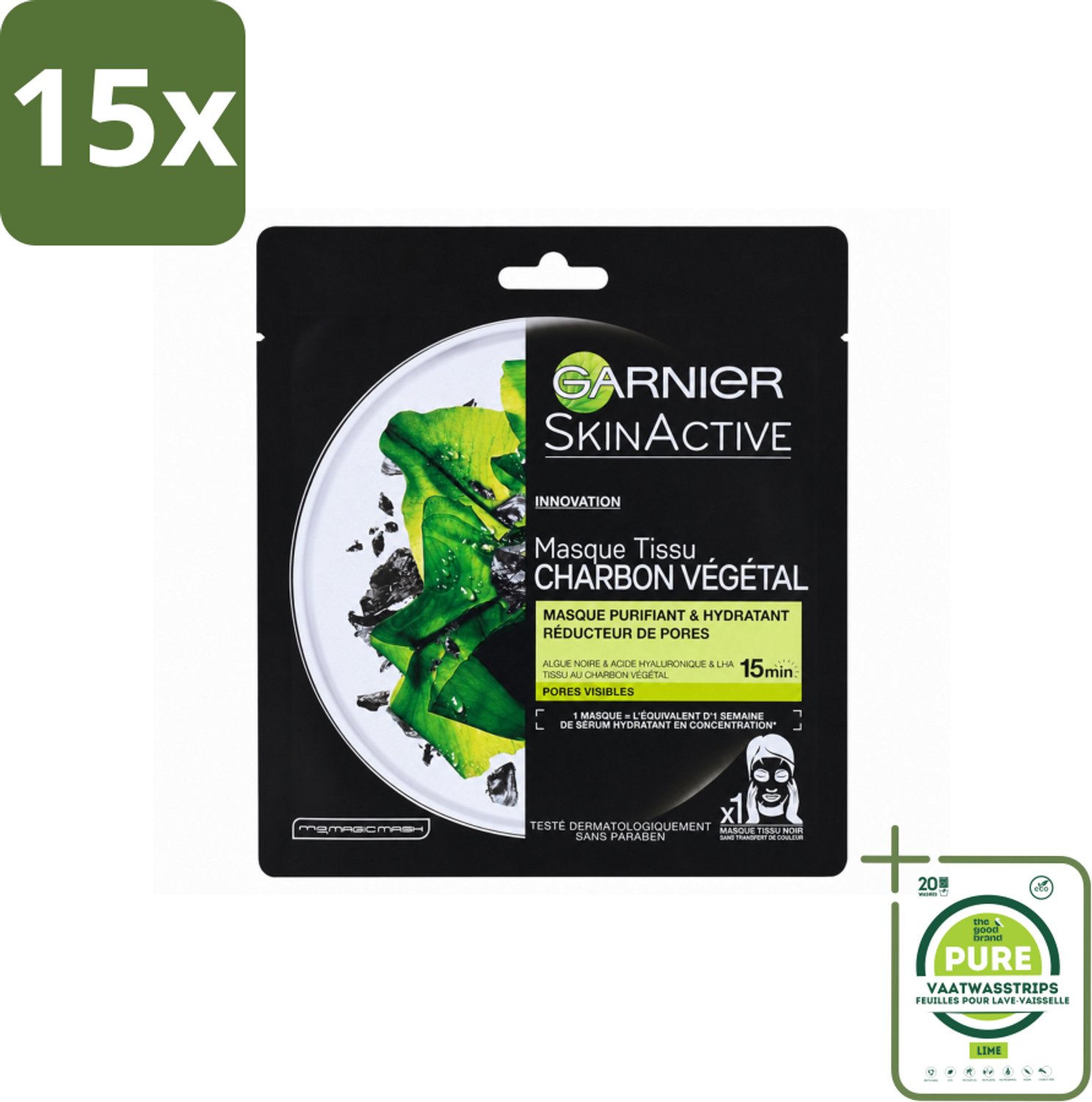 15 x Garnier - SkinActive - Tissue Masker - Charcoal - 1 Gezichtsmasker - Grootverpakking - Vaatwasstrips - Huid Zuiveren - Huid Hydrateren - Houtskool Masker - Poriën Verfijnen - Huidstructuur Verbeteren