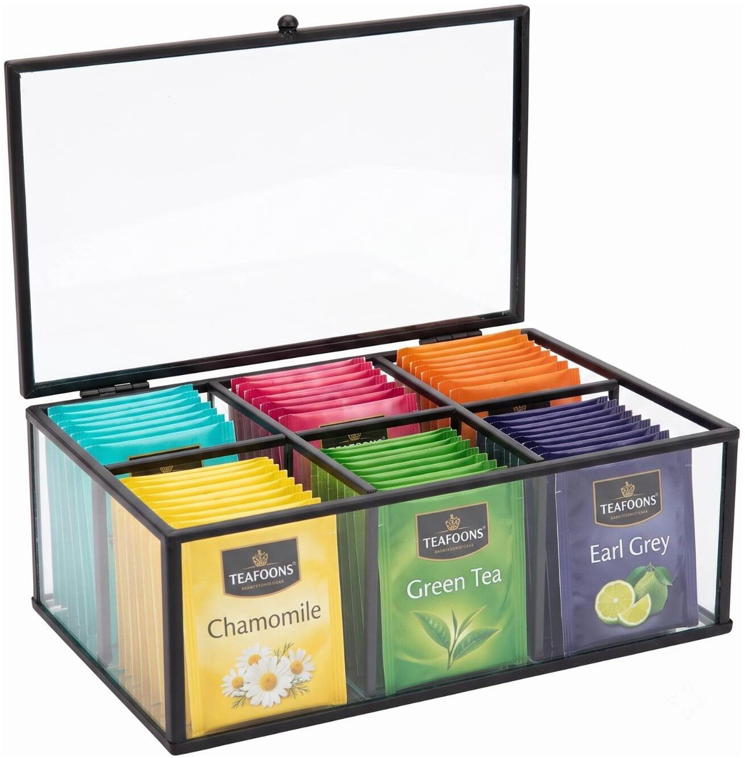 Bellatio Design Theedoos - zwart - 6-vaks - metaal / glas - 22 x 16 x 9 cm - thee organizer - theekist