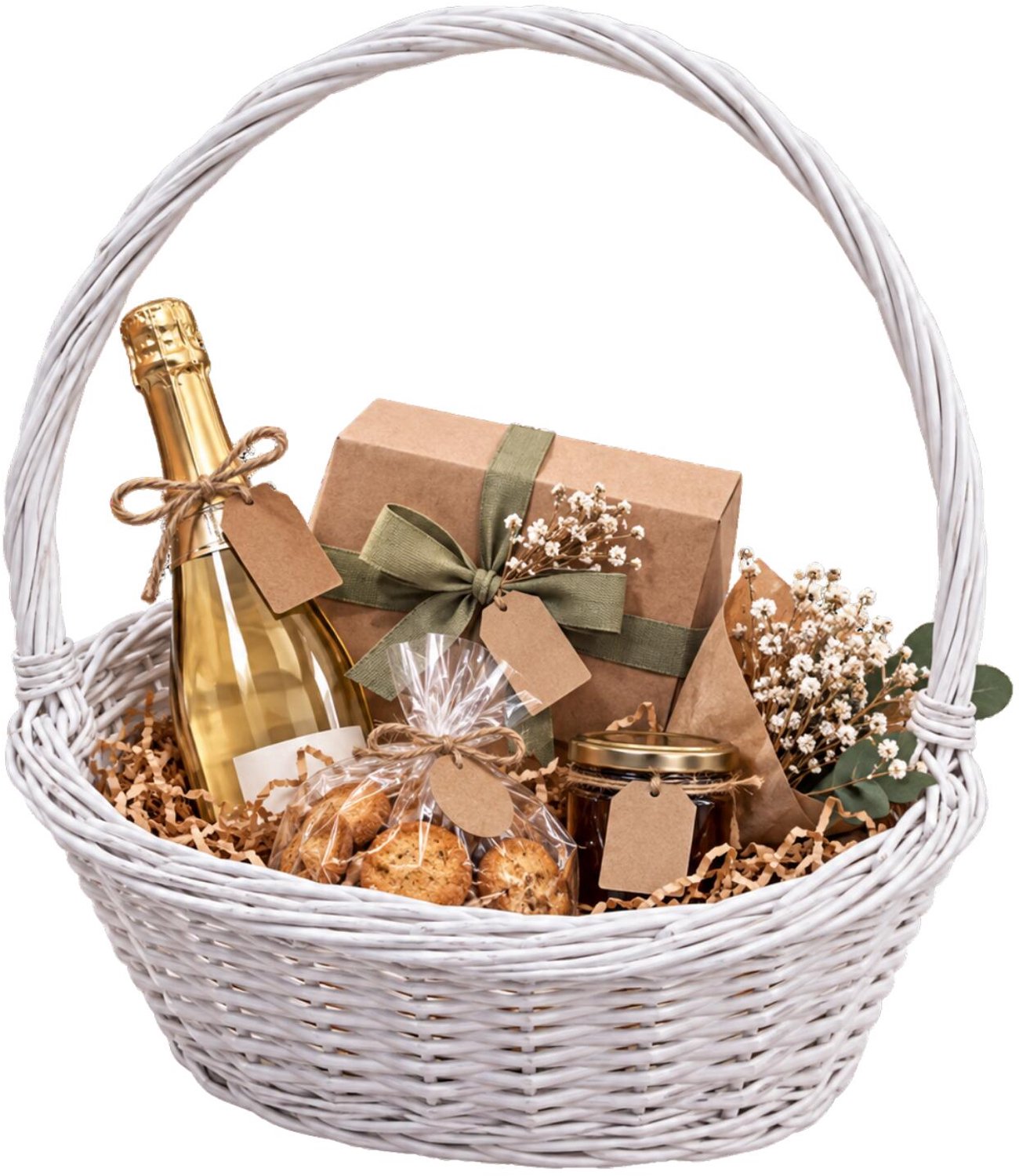 CM Cadeaumand met hengsel - wit - riet - 52 x 40 x 16 cm rieten mand - geschenkmand - rieten mand