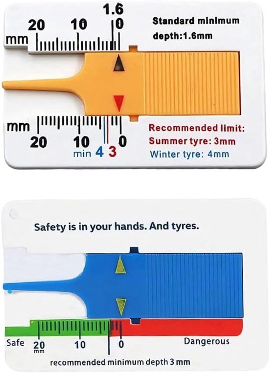 Bandprofieldieptemeter - Meter voor loopvlakdiepte - Voertuigveiligheid - Hoge nauwkeurigheid - 0-20 mm - Geel en blauw