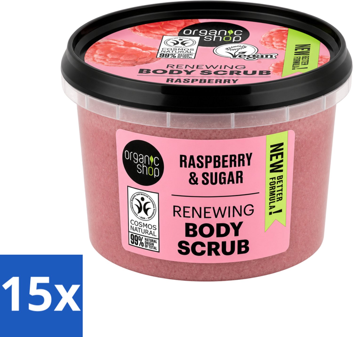 15 x Organic Shop - Organic Raspberry & Sugar Body Scrub - Verfrissend en Peeling - 250 ml - Voordeelverpakking - 15 stuks