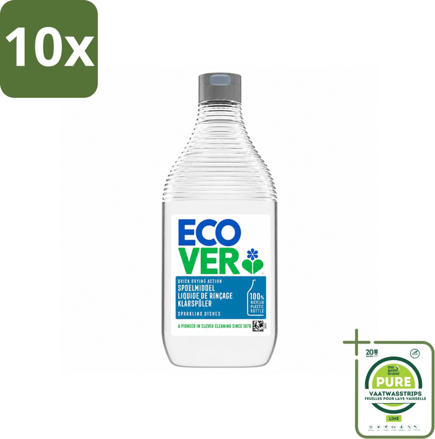 10 x Ecover - Spoelmiddel - 450 ml - Grootverpakking - Vaatwasstrips - Spoelmiddel - Vaatwas - Glanzende Vaat - Streepvrij - Kalkaanslag