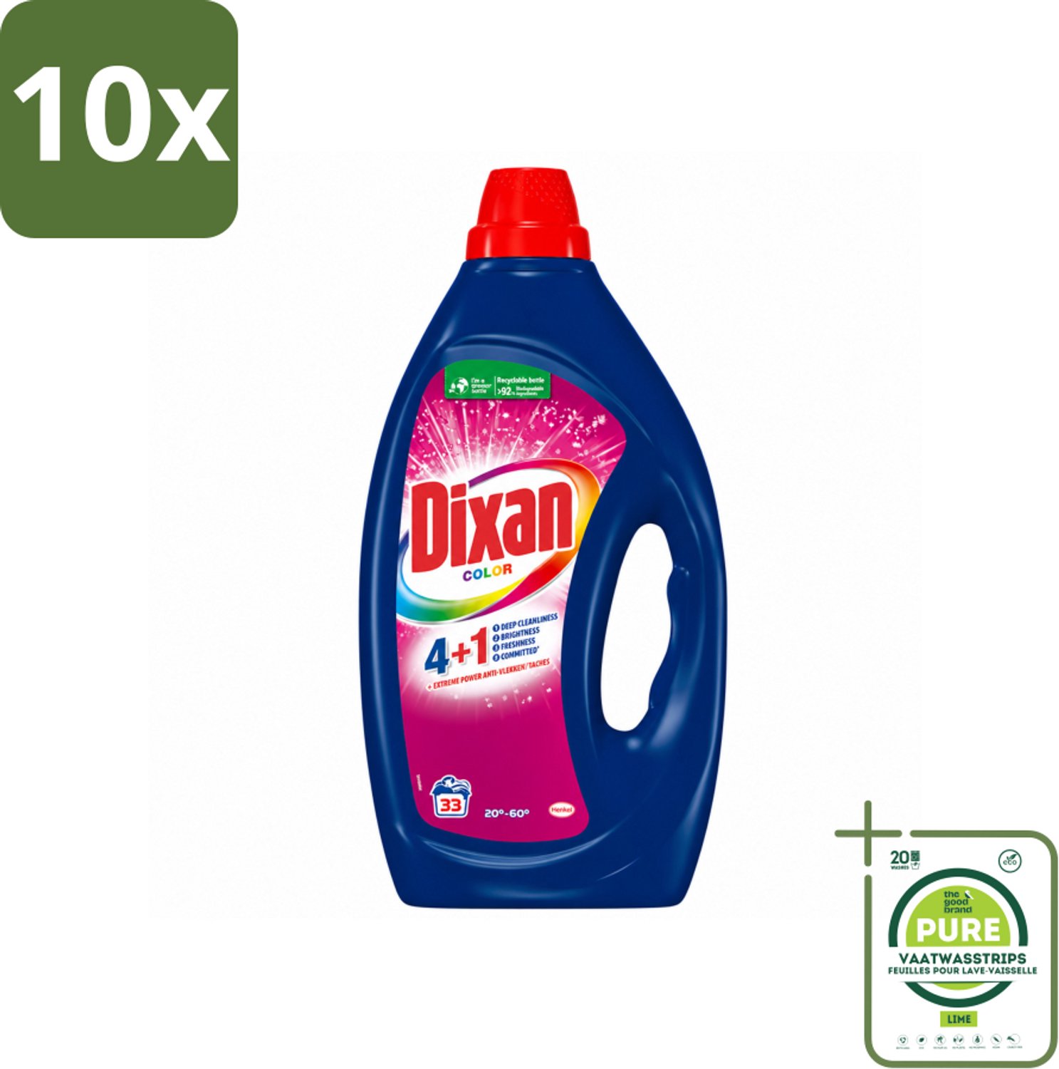 10 x Dixan - Vloeibaar wasmiddel - Voor gekleurde was - 33 wasbeurten - Grootverpakking - Vaatwasstrips - Kleurbehoud - Wasmiddel Voor Gekleurd Textiel - Anti-kleurtransfer - Vlekverwijdering - Wasmiddel Voor Shirts