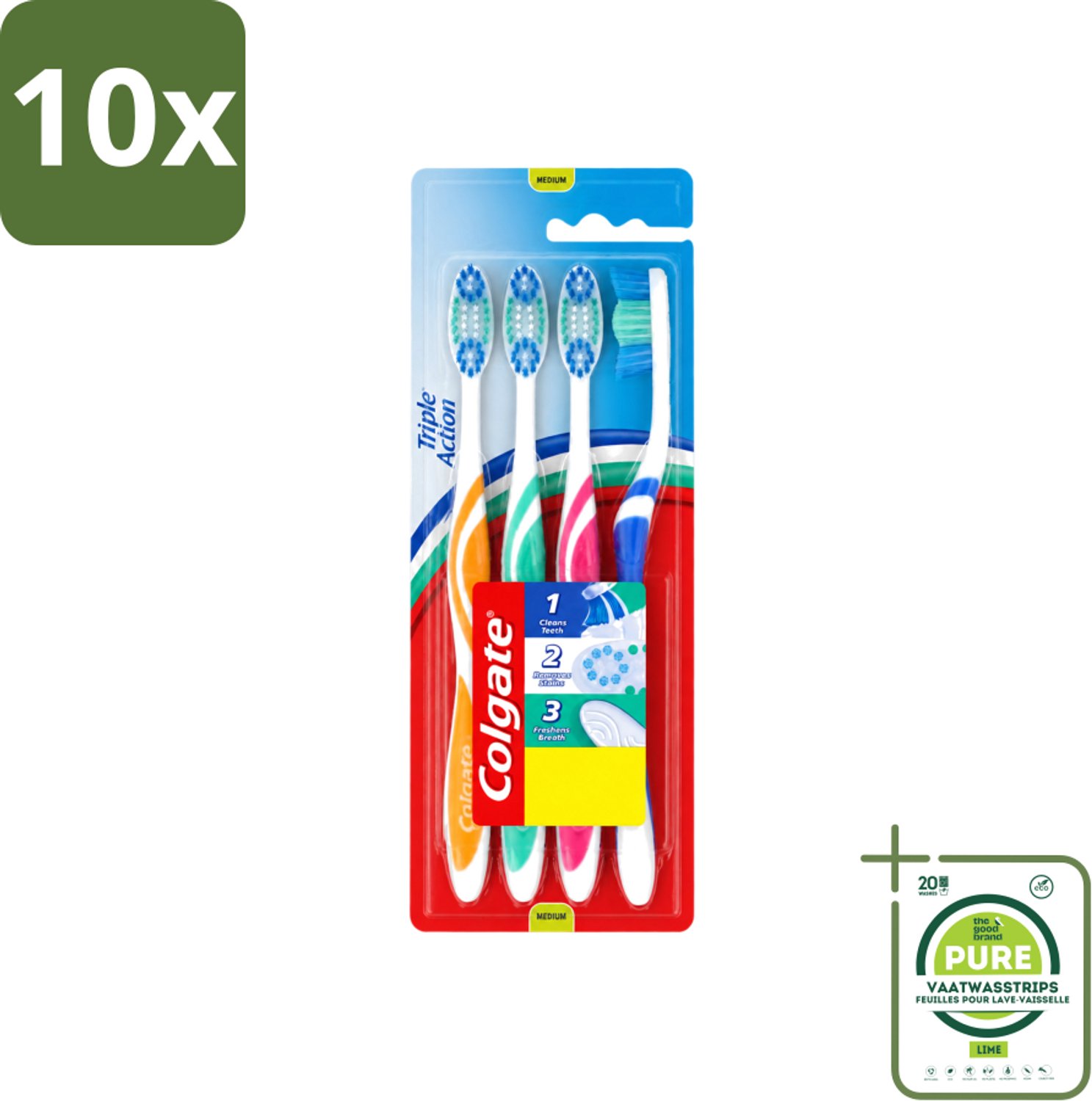 10 x Colgate - Tandenborstels - Triple Action - Medium - 4 borstels - Grootverpakking - Vaatwasstrips - Tandenborstel - Mondhygiëne - Ademverfrissend - Tanden Reinigen - Vlekken Verwijderen