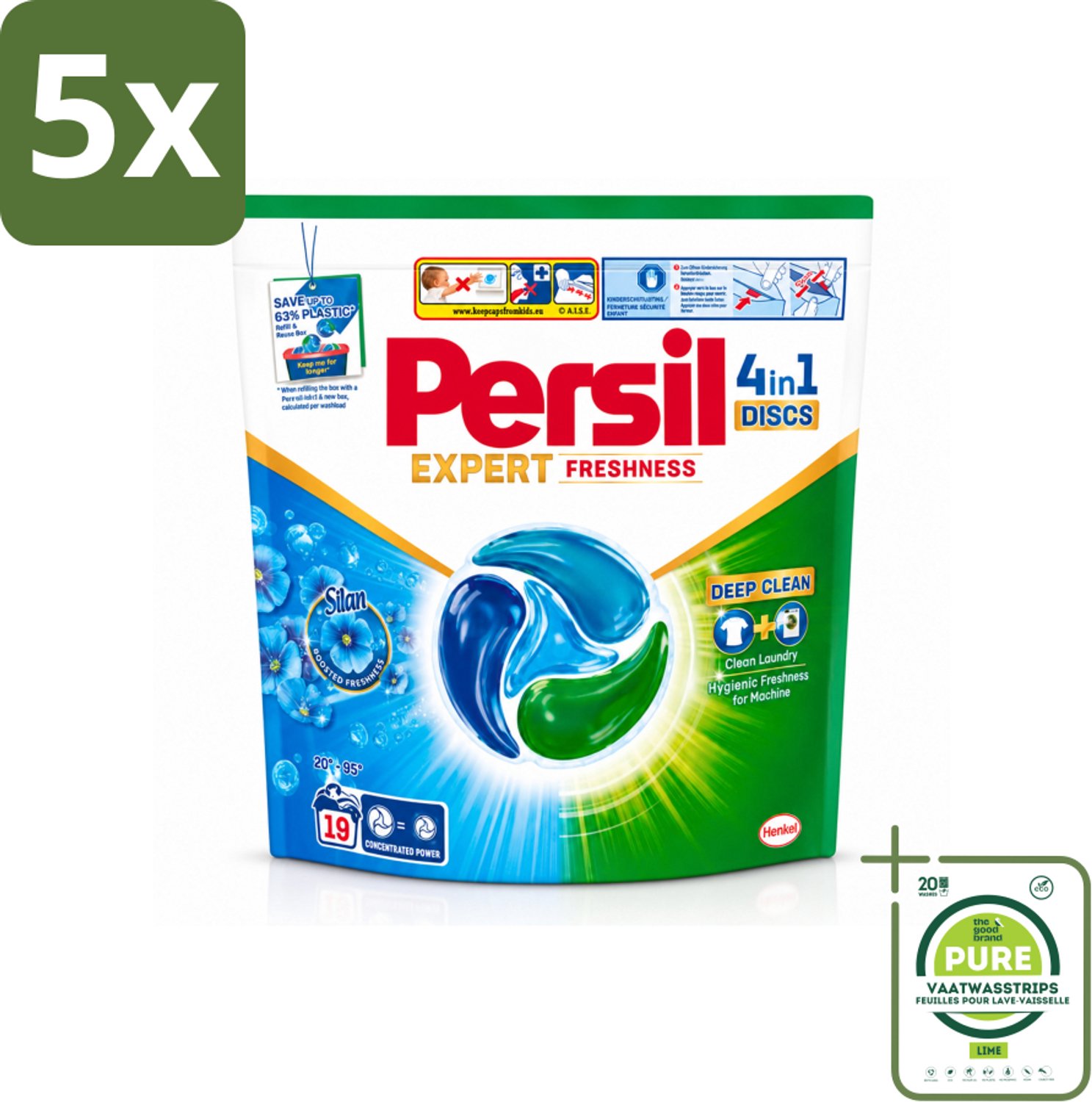 5 x Persil - Wasmiddel - Wasmiddelcapsules Freshness by Silan - Langdurige Frisheid - 19 wasbeurten - Grootverpakking - Vaatwasstrips - Wasmiddelcapsules - Frisheid - Diepe Reiniging - Silan - Wasmachine
