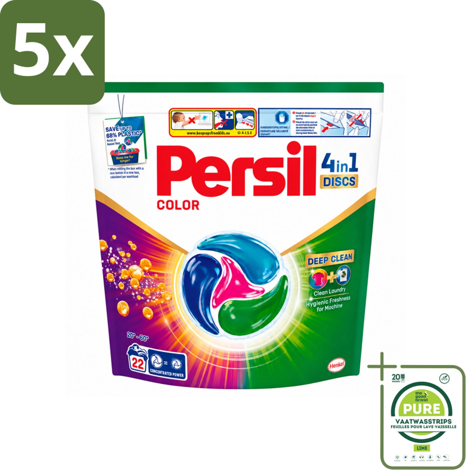 5 x Persil - Wasmiddel - Wasmiddelcapsules Discs Gekleurde Was - Voor Gekleurde Was - 22 wasbeurten - Grootverpakking - Vaatwasstrips - Wasmiddel - Wascapsules - Gekleurde Was - Kleurbehoud - Vlekverwijdering