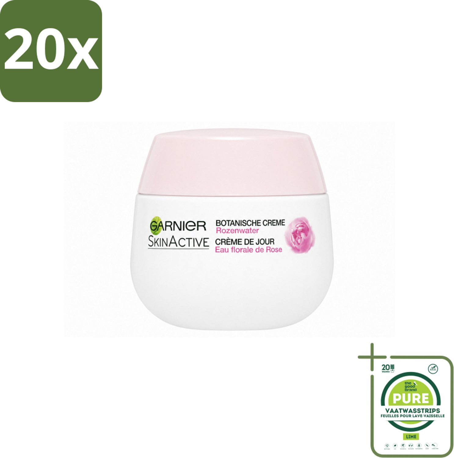 20 x Garnier - SkinActive - Botanische Dagcrème - Rozenwater - Droge & Gevoelige Huid - 50 ml - Grootverpakking - Vaatwasstrips - Roze Water Crème - Droge Huid Verzorging - Gevoelige Huid Verzorging - Natuurlijke Crème - Antioxidanten Crème
