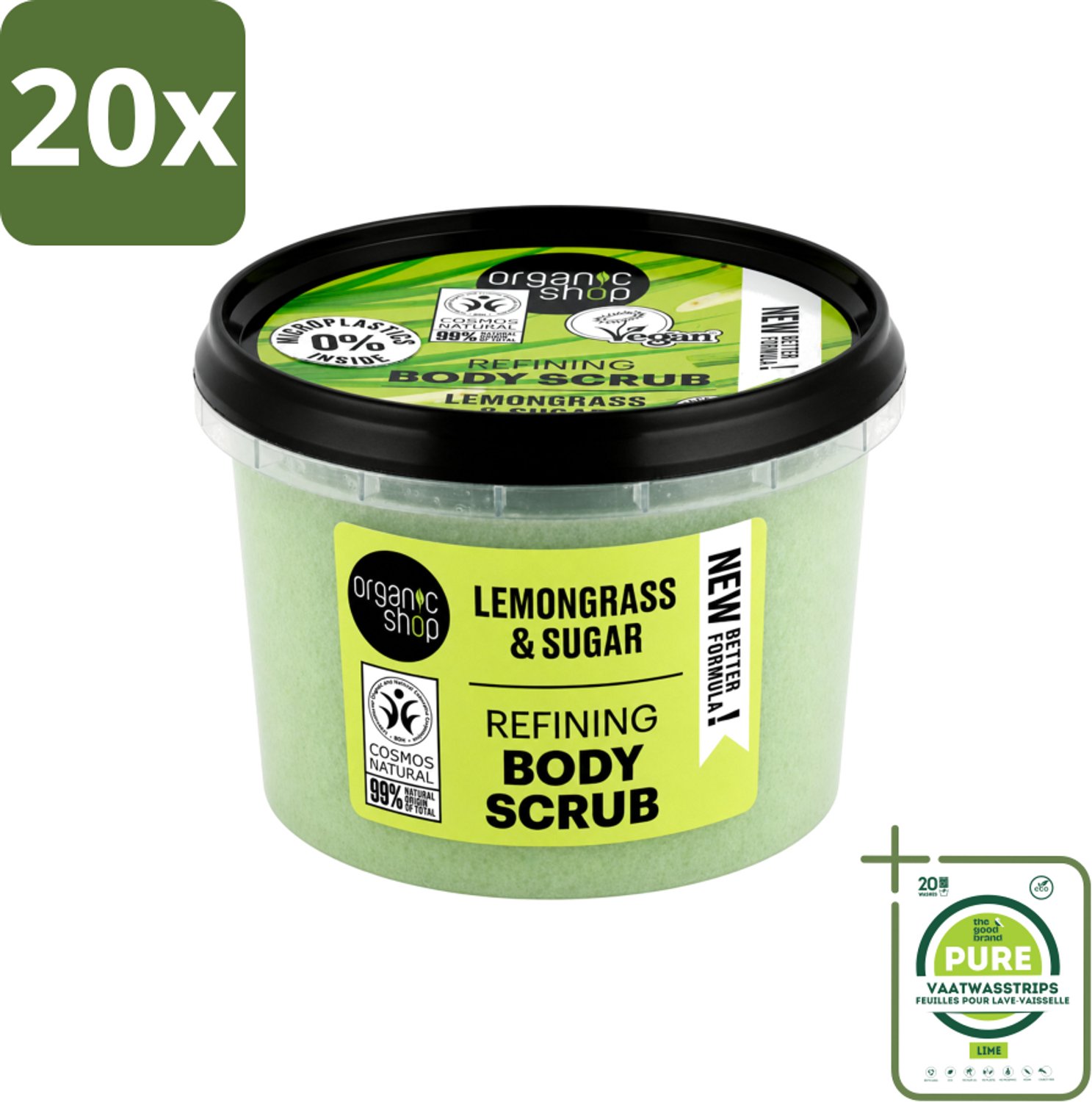 20 x Organic Shop - Body Scrub Lemongrass - Verfrissend en Verzorgend - 250 ml - Grootverpakking - Vaatwasstrips - Bodyscrub - Exfoliatie - Huidverzorging - Citroengrasolie - Suiker Scrub