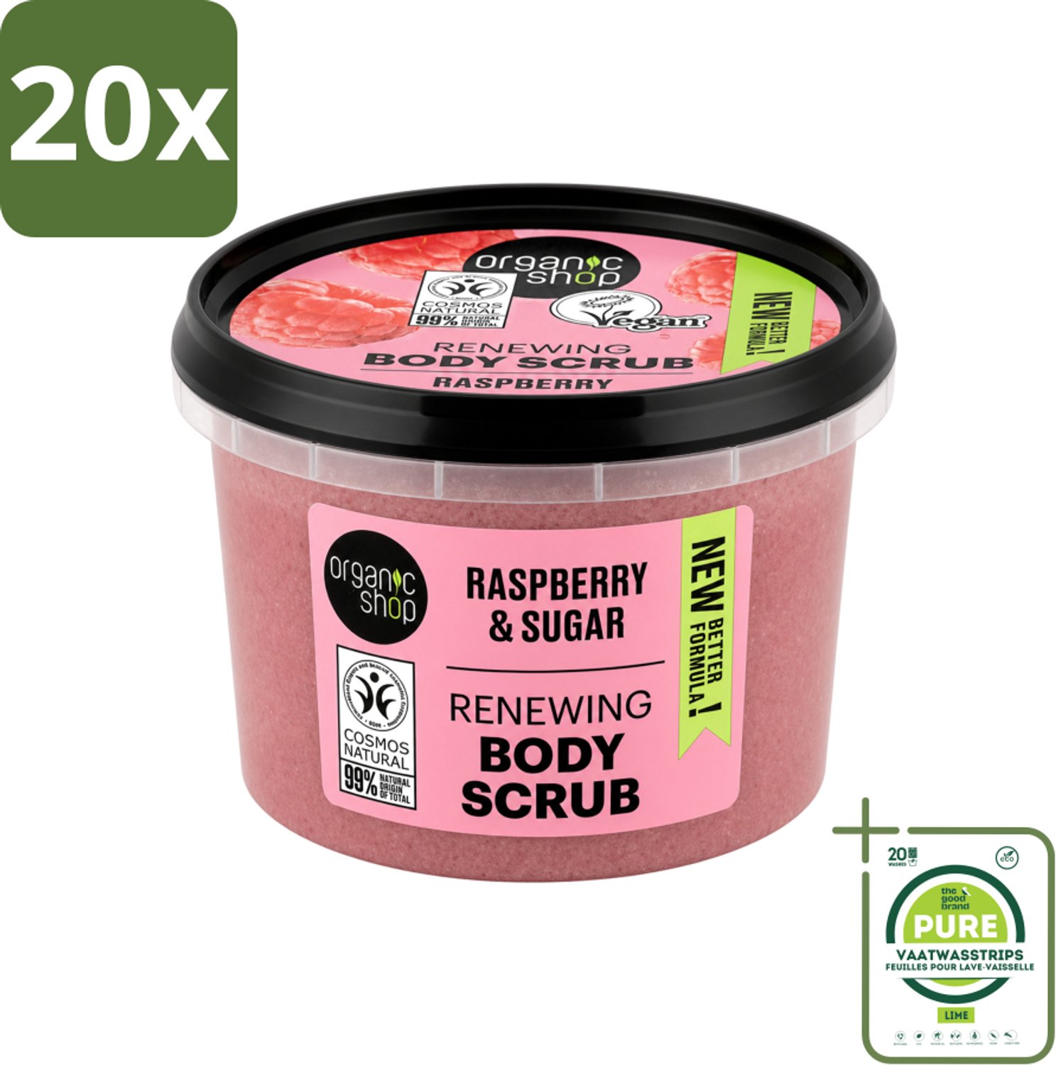 20 x Organic Shop - Organic Raspberry & Sugar Body Scrub - Verfrissend en Peeling - 250 ml - Grootverpakking - Vaatwasstrips - Biologische Bodyscrub - Framboos Scrub - Natuurlijke Exfoliatie - Huidverzorging - Huidpeeling
