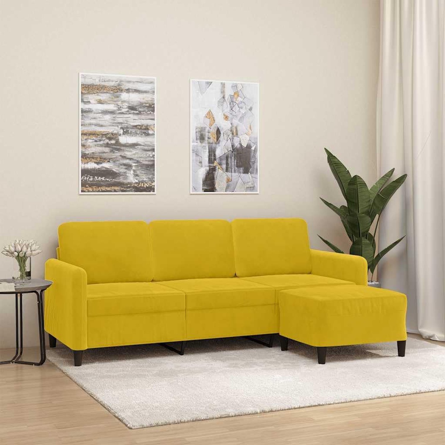3-zitsbank met kruk in geel, 180 cm, fluwelen bekleding, comfortabel gestoffeerde meubels met dik gevoerde zitvlakken, robuust frame van multiplex en metaal voor stabiliteit