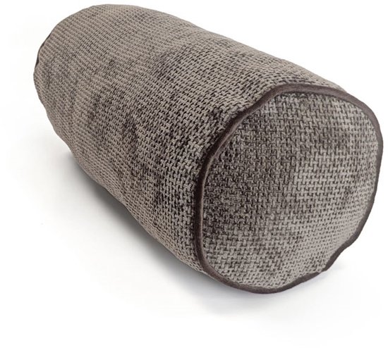 Unique Living Nuno sierkussen in taupe, cilindervormig met een geweven textuur en donkere bies.