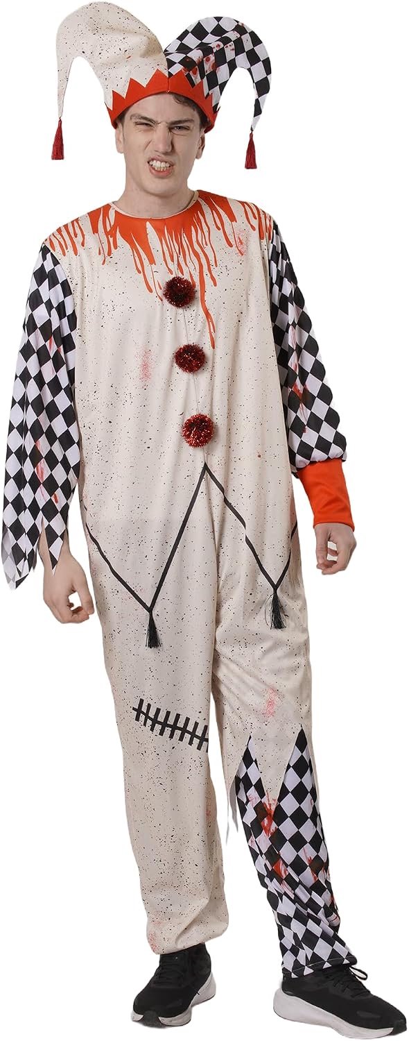 Harlekijn Kostuum voor Volwassenen Heren Halloween Hoed En Horror-Overall, Rauten, Wit, Zwart, Clown Killer Carnaval Cosplay