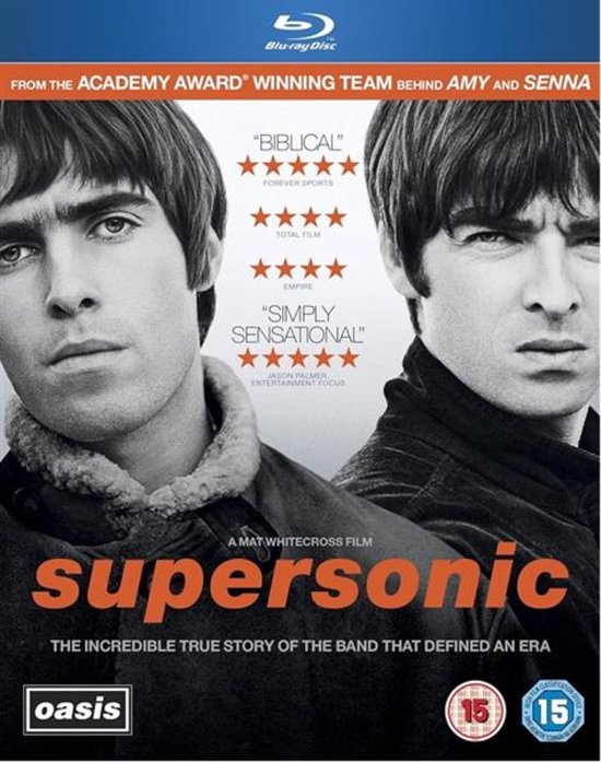 Blu-ray cover van Supersonic met Liam en Noel Gallagher, vijfsterrenrecensies en de tekst: Het ongelooflijke ware verhaal.