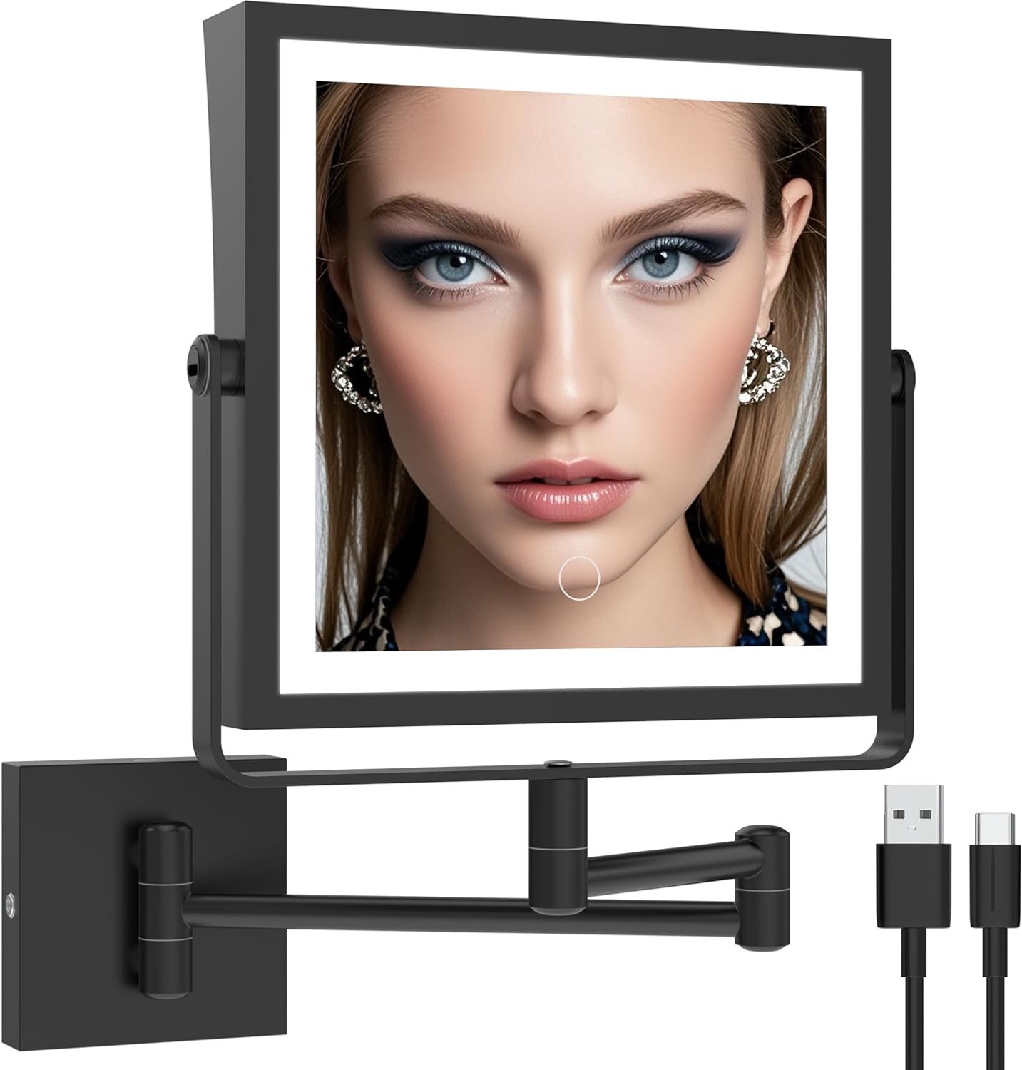 Wandgemonteerde make-upspiegel met verlichting, dubbelzijdige 1X/7X vergrotende make-upspiegel met 3 kleuren verlichting, dimbaar touchscreen, 360 ° rotatie-verlenging, opvouwbare arm