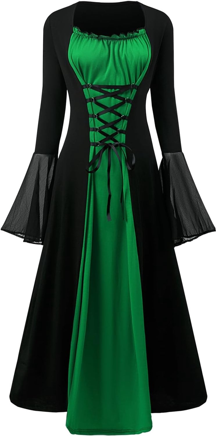Jurk dames vintage zwarte middeleeuwse jurk met trompetmouwen gebonden taille jurk Halloween carnaval kostuum voor vrouwen