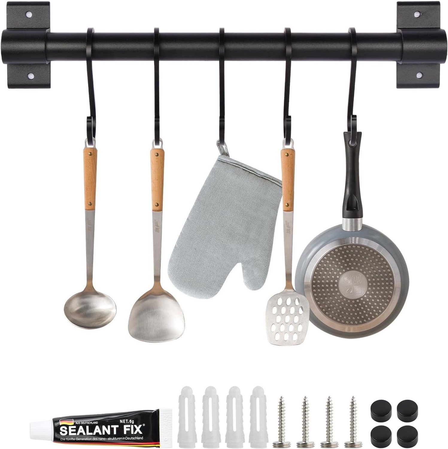 Keukenaccessoires Wandmontage Aluminium Keukenhulpmiddel Houder met 5 Haken Zwart voor Keuken en Badkamer