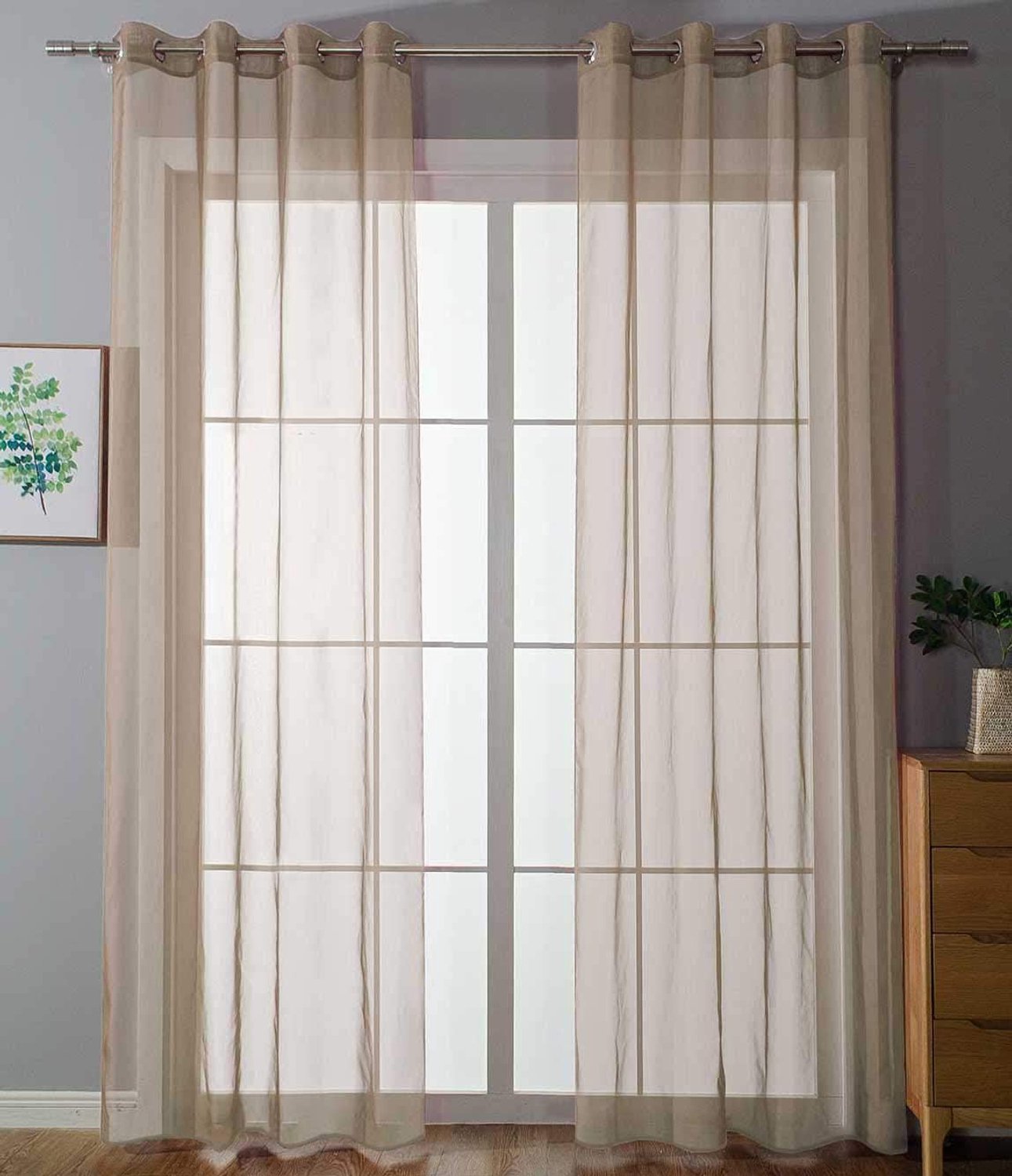Set van 2 ooggordijnen, transparant, effen gordijn, H x B 225 x 140 cm, zandkleurig, met inslagringen, loodband, woonkamer, 20332-cn2