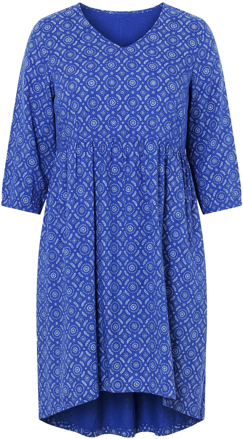Ulla Popken - Dames - Jurk met print A-lijn V-hals 3/4-mouwen - Kobaltblauw - Maat 42+