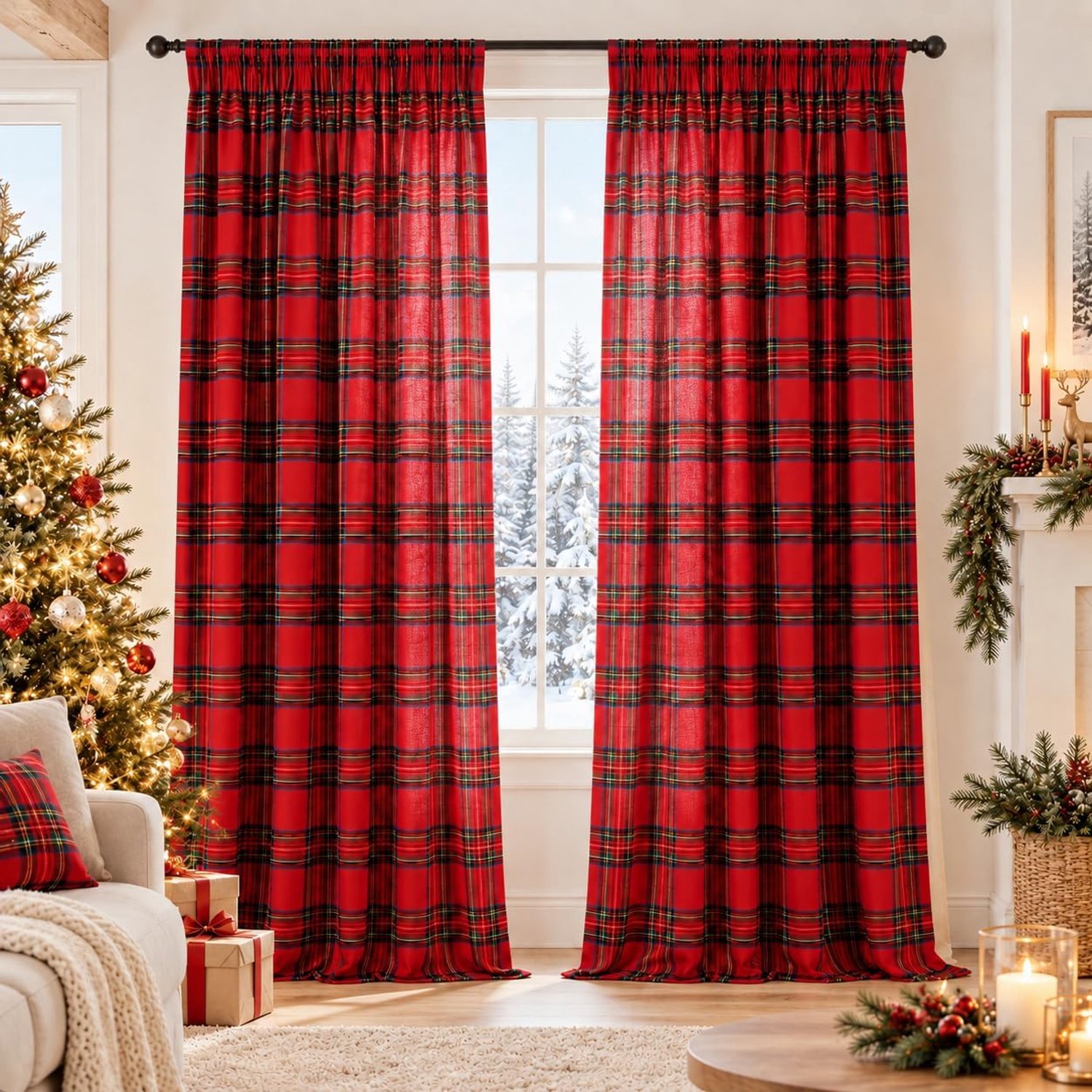 Set van 2 kerstgordijnen, geruit, halfschaduw, woonkamerdecoratie