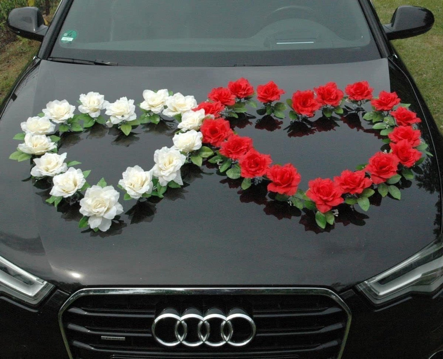 Dubbel hart, autosieraden, bruidspaar, rozen, decoratie, autoversiering, bruiloft, auto, bruiloftsdecoratie, rotan (rood/ecru)