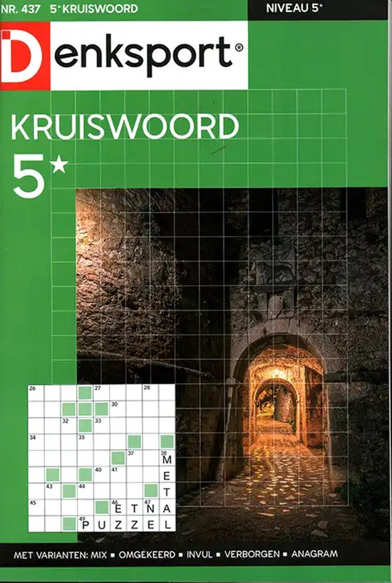 Denksport kruiswoordraadsel editie 437, niveau 5 sterren, met foto van een verlichte stenen poort en invulrooster.