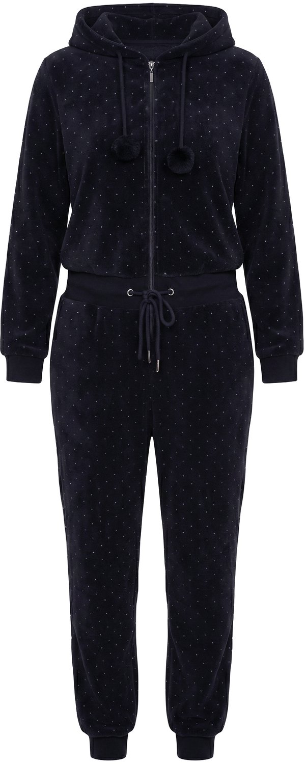 Ulla Popken - Dames - Homewear overall pluche stippen capuchon lange mouwen - Zwart - Maat 46+