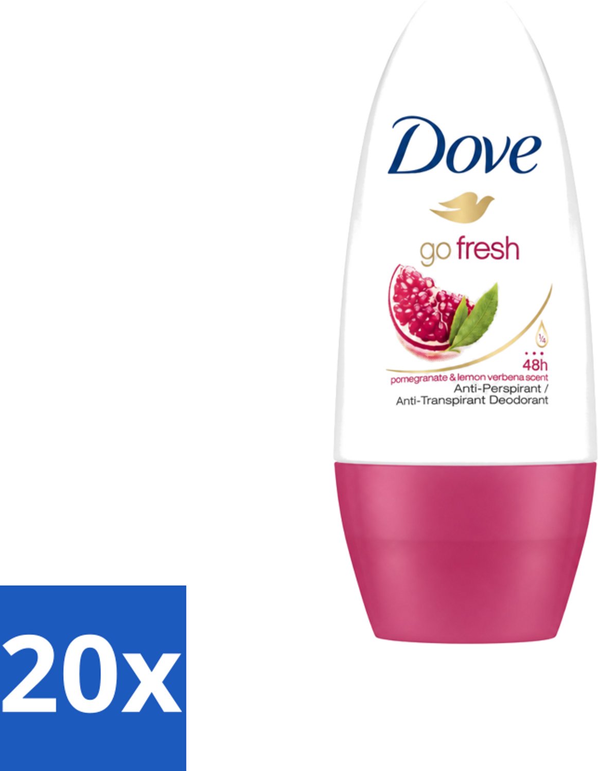 20 x Dove - Deodorant - Roll-on Go Fresh Granaatappel - Frisse geur - 50 ml - Voordeelverpakking - 20 stuks