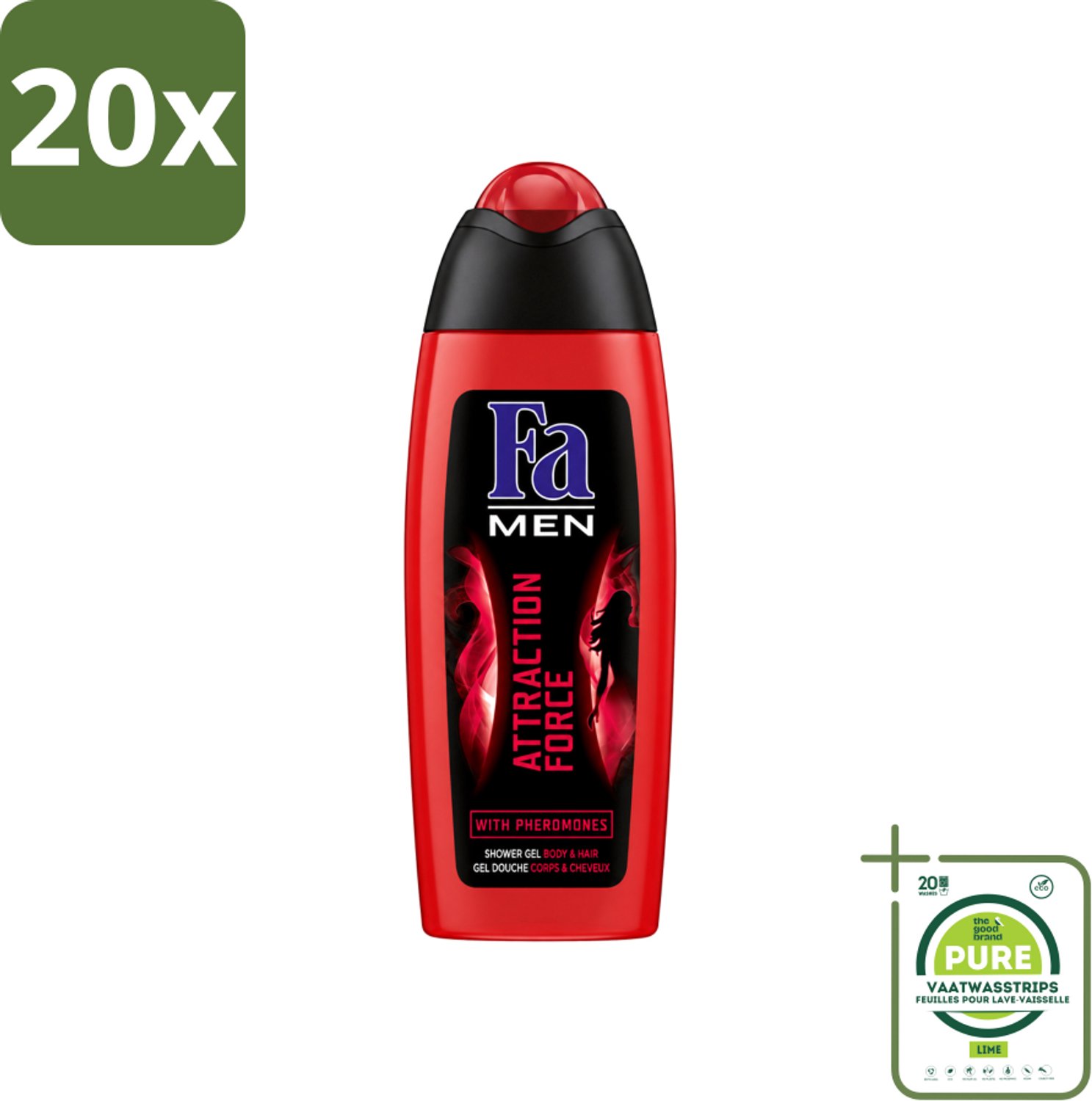 20 x Fa - Douchegel - Attraction Force - Mannen Lichaam & Haar - Bergamot & Limoen - Verfrissend - 250 ml - Grootverpakking - Vaatwasstrips - Douchegel Mannen - Bergamot En Limoen - Verfrissend Lichaam - Haar Reinigen - Verkwikkend Geur