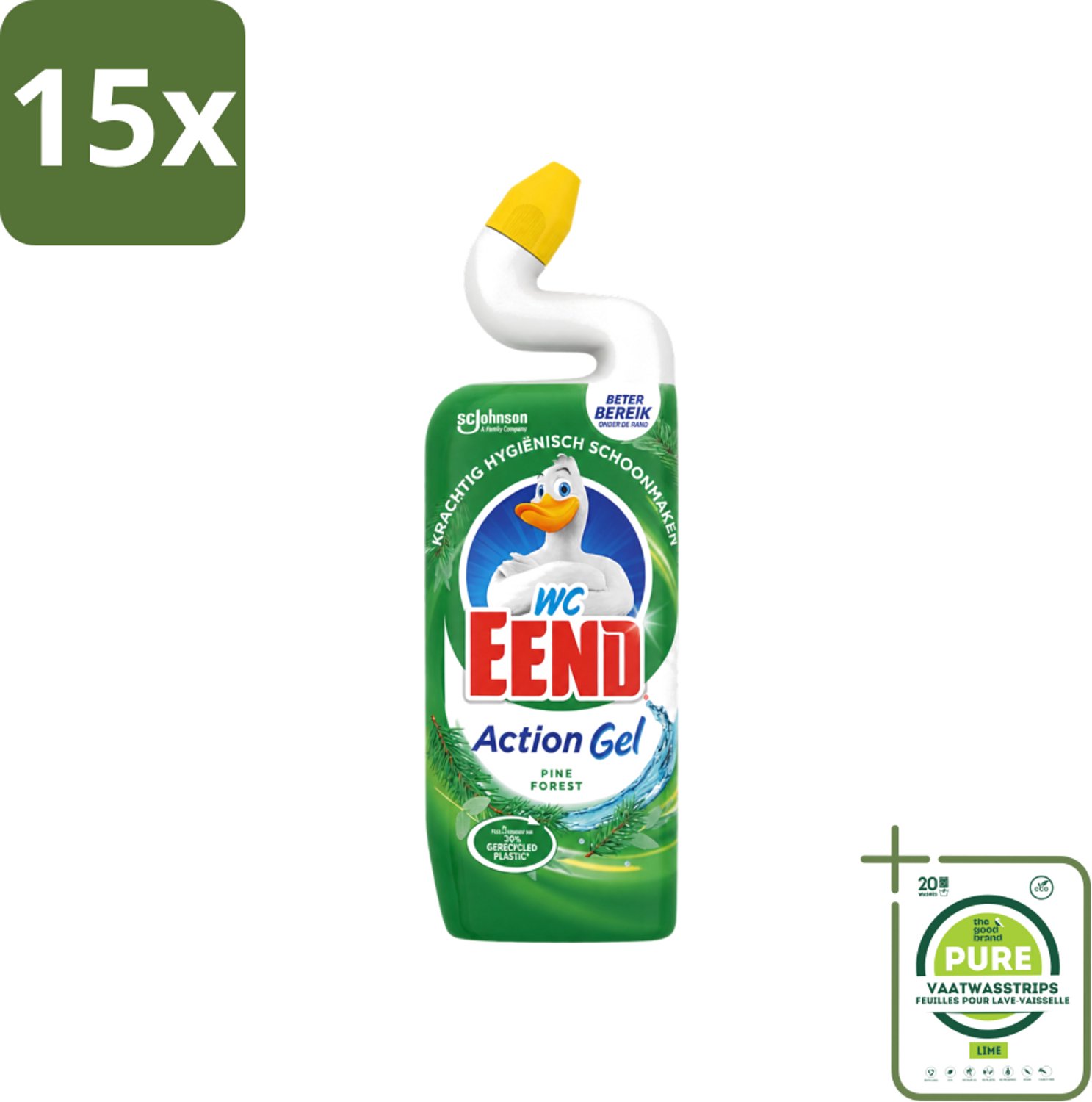 15 x WC Eend - Toiletreiniger - Action Gel - Pine Forest - Krachtige Reiniging & Frisse Dennengeur - 750 ml - Grootverpakking - Vaatwasstrips - Toiletreiniger - Reinigingsgel - Kalkverwijdering - Urinesteen - Fris Ruiken