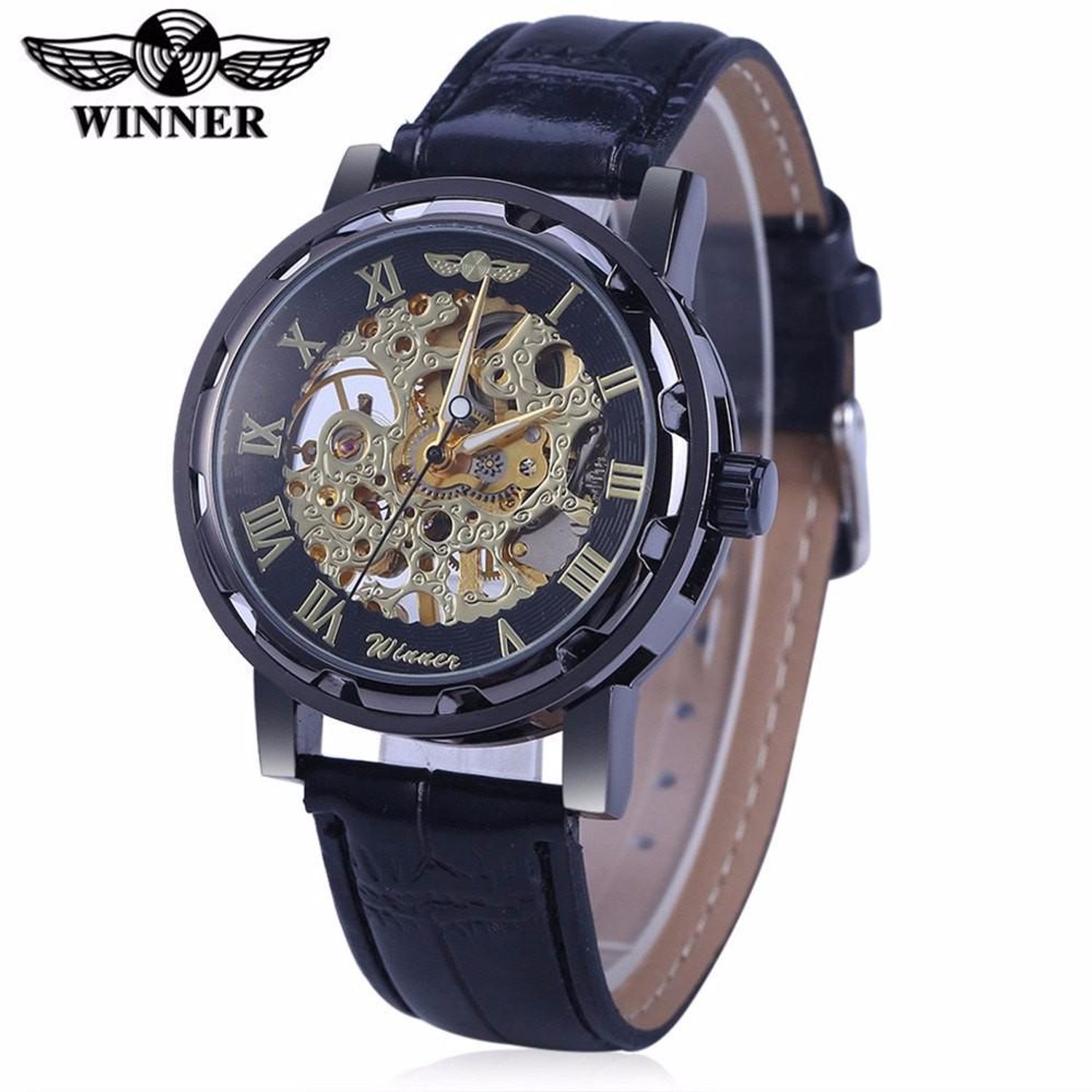 Winner - Automatisch horloge - Zwarte leren band - Maat klok 40 mm -