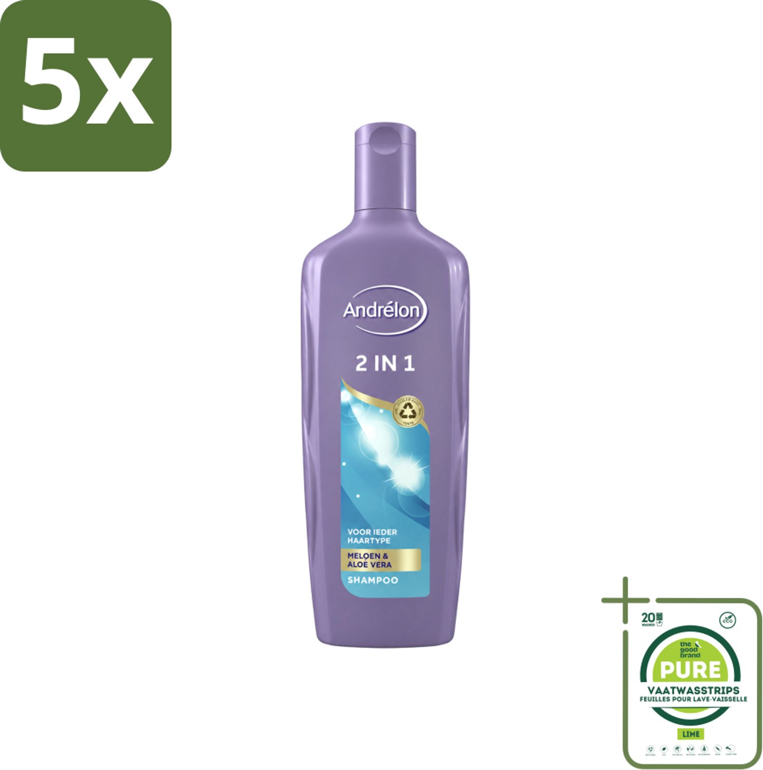 5 x Andrélon - 2-in-1 - Shampoo - Reinigt & Verzorgt - 300 ml - Grootverpakking - Vaatwasstrips - 2-in-1 Shampoo Conditioner - Haar Reinigen - Haar Verzorgen - Meloen Shampoo - Aloë Vera Shampoo