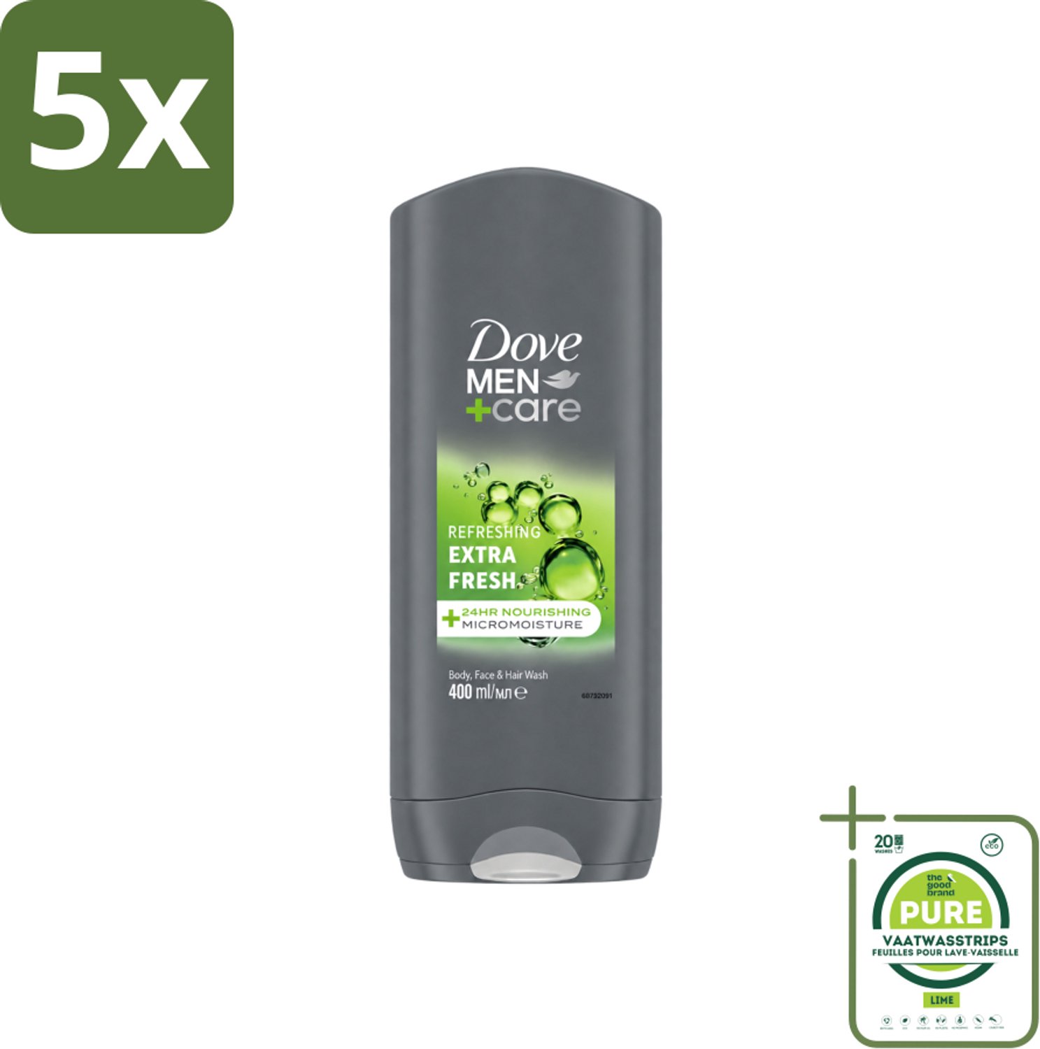 5 x Dove - Douchegel - Men+ Care Extra Fresh - Verfrissend - 400 ml - Grootverpakking - Vaatwasstrips - Douchegel - Mannelijke Geur - Reinigen - Huidverzorging - Fris Gevoel